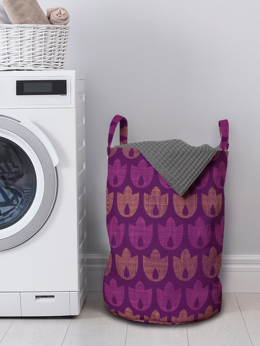 Dunkelviolett Griffen mit Entwurf Waschsalons, Tulpen Wäschesäckchen Kordelzugverschluss Geometrische Abakuhaus für Wäschekorb