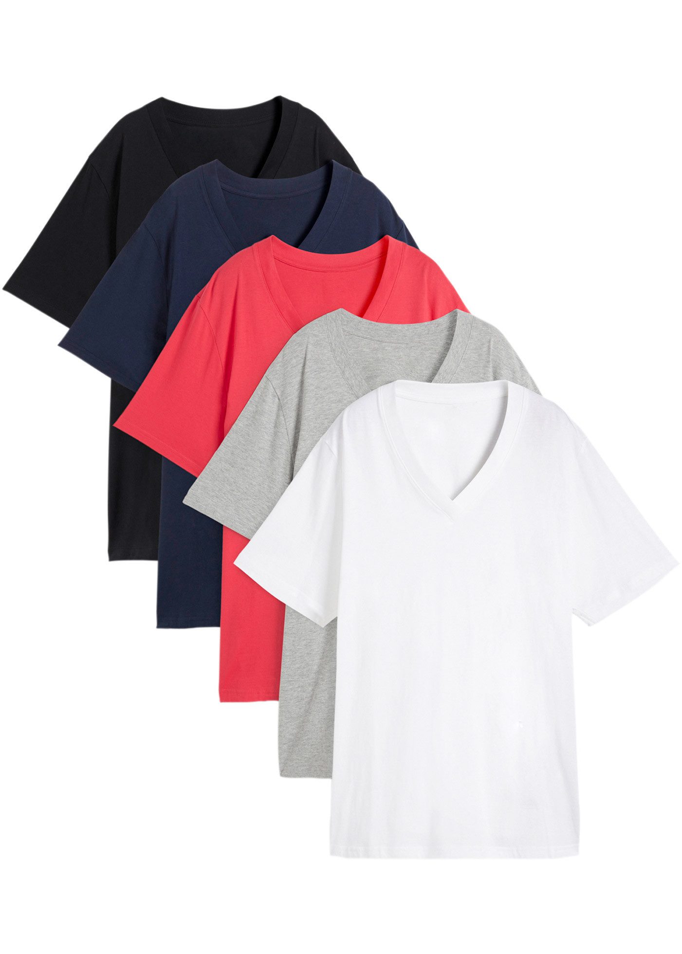 bonprix Longshirt (Packung, 5-tlg) lockere Passform, Kurzarm, mit V-Ausschnitt, unifarben