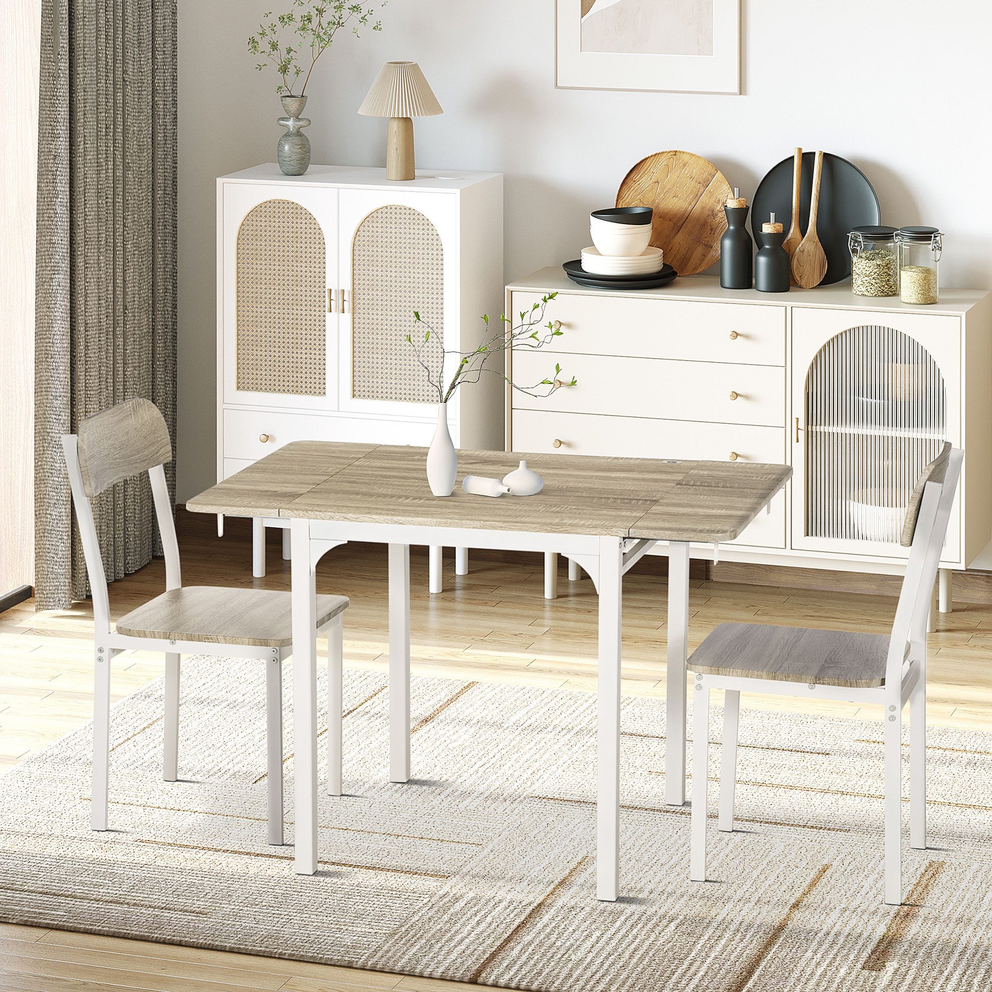 HOMCOM Essgruppe Esszimmergruppe mit 2 Stühlen, Tisch klappbar, für kleine Räume, (Tischgruppe, 3-tlg., Esstisch Set), Stahl MDF Natur+Weiß