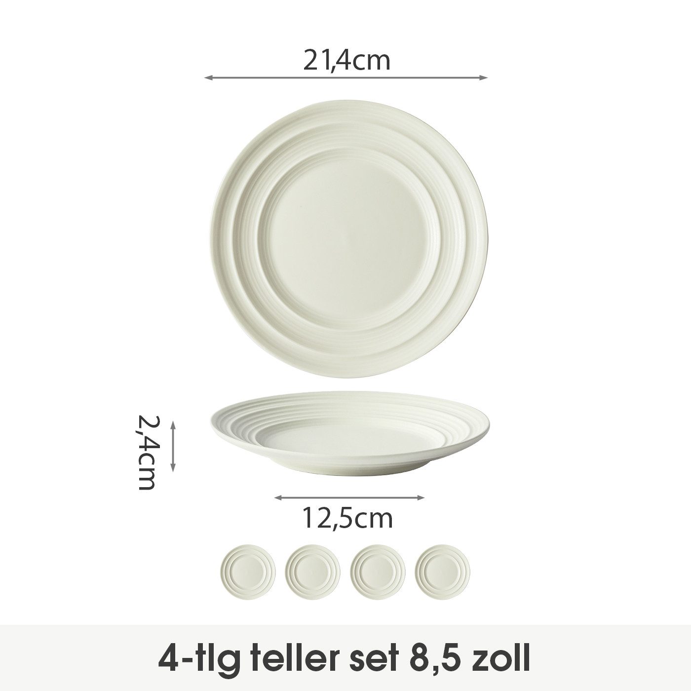 JIWOO Teller 4er Ø21,4cm, Salatteller Frühstücksteller Pastateller Dessertteller, (4 St), Keramik Hochwertiges Tellerset Weiß Mikrowellen spülmaschinenfest