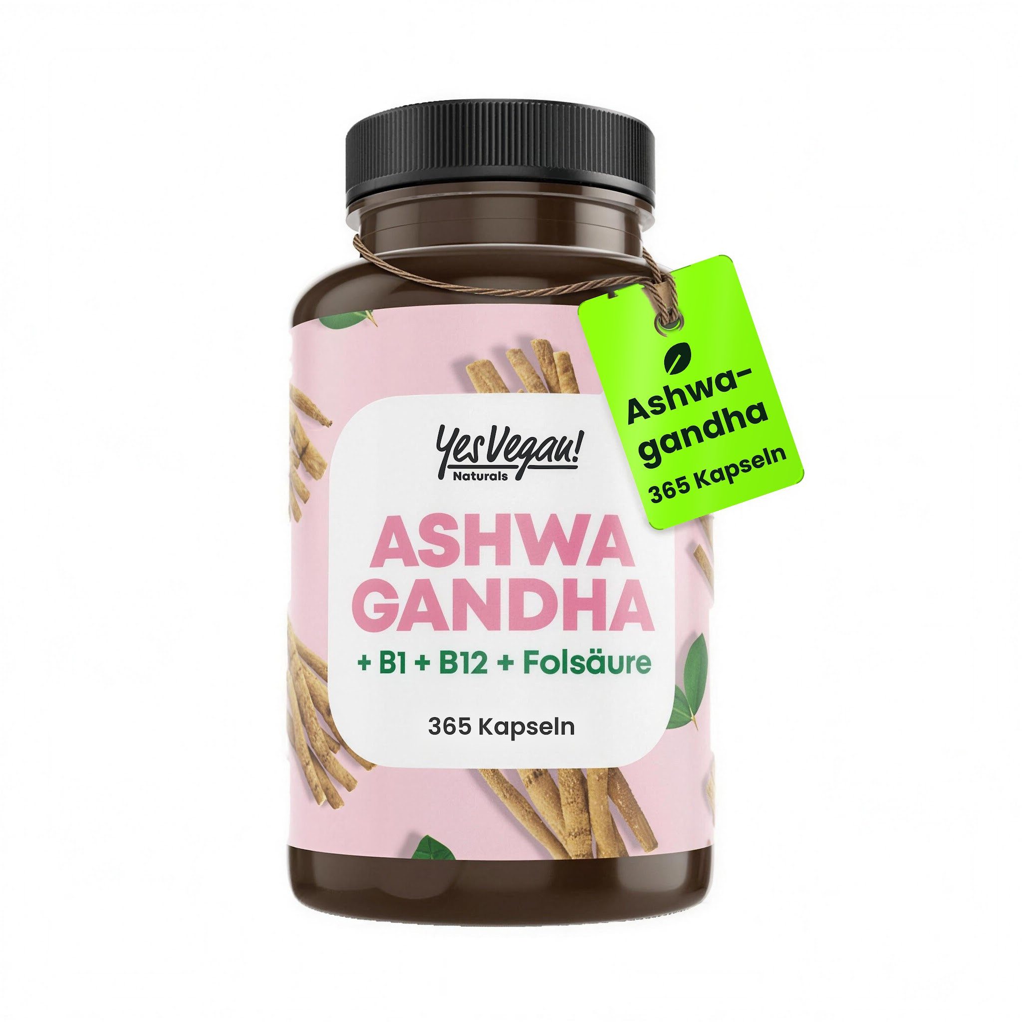 Yes Vegan Ashwagandha 1200 mg Wurzelpulver mit B1, B6, B12 Kapseln, 365 St., 263 g, vegan, laktosefrei, glutenfrei