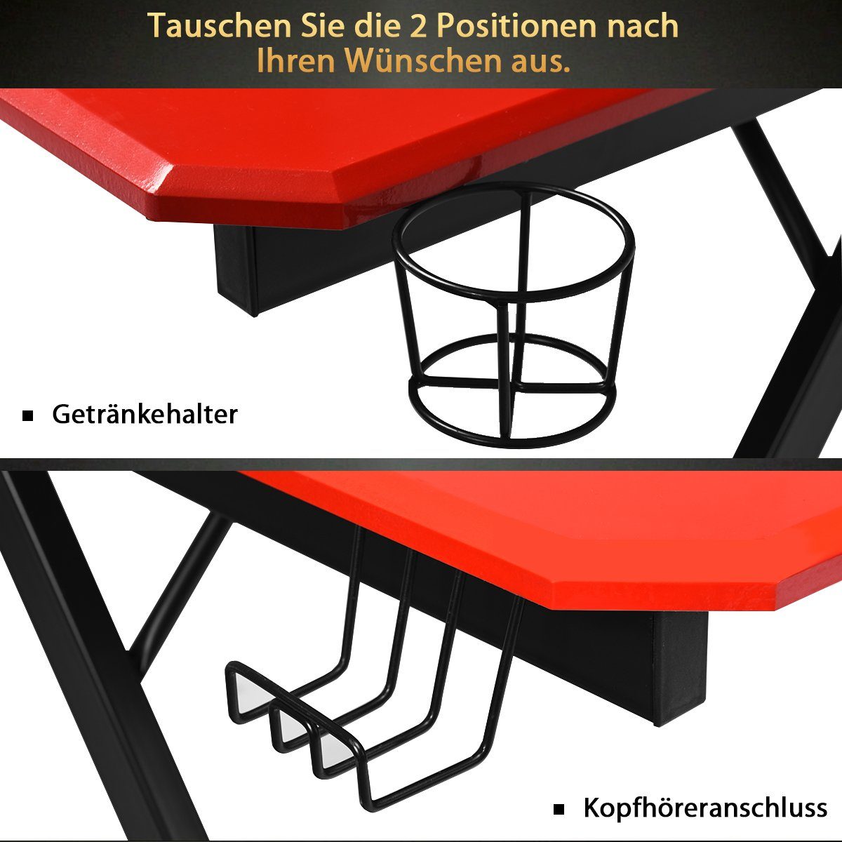 COSTWAY Gamingtisch, Rot & + 2 Ständern praktischen mit Haken Becherhalter, Schwarz 120cm