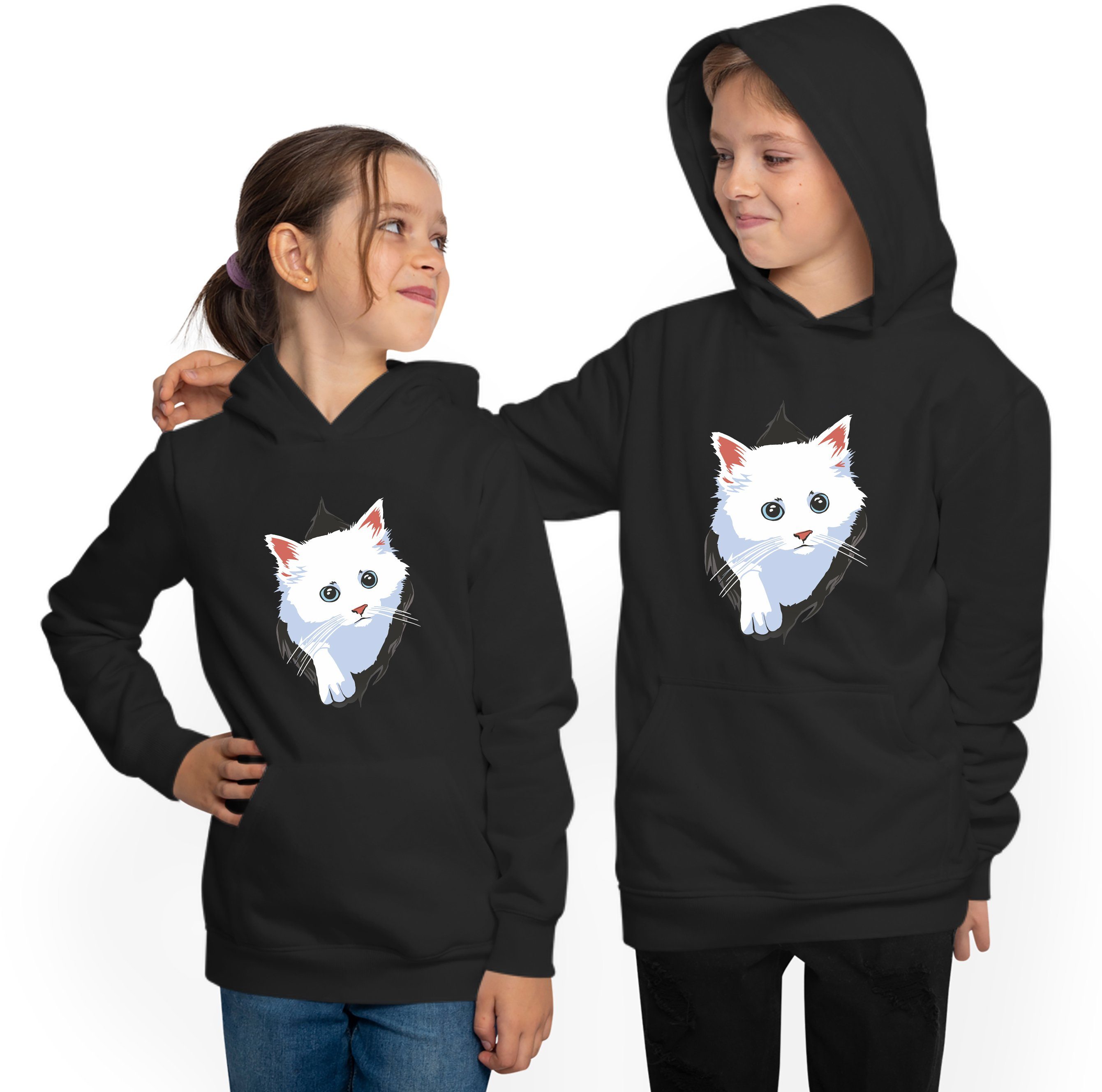 MyDesign24 Hoodie Kinder Kapuzen Sweatshirt Kapuzensweater i113 Shirt weiße - Aufdruck, Katze mit dem aus