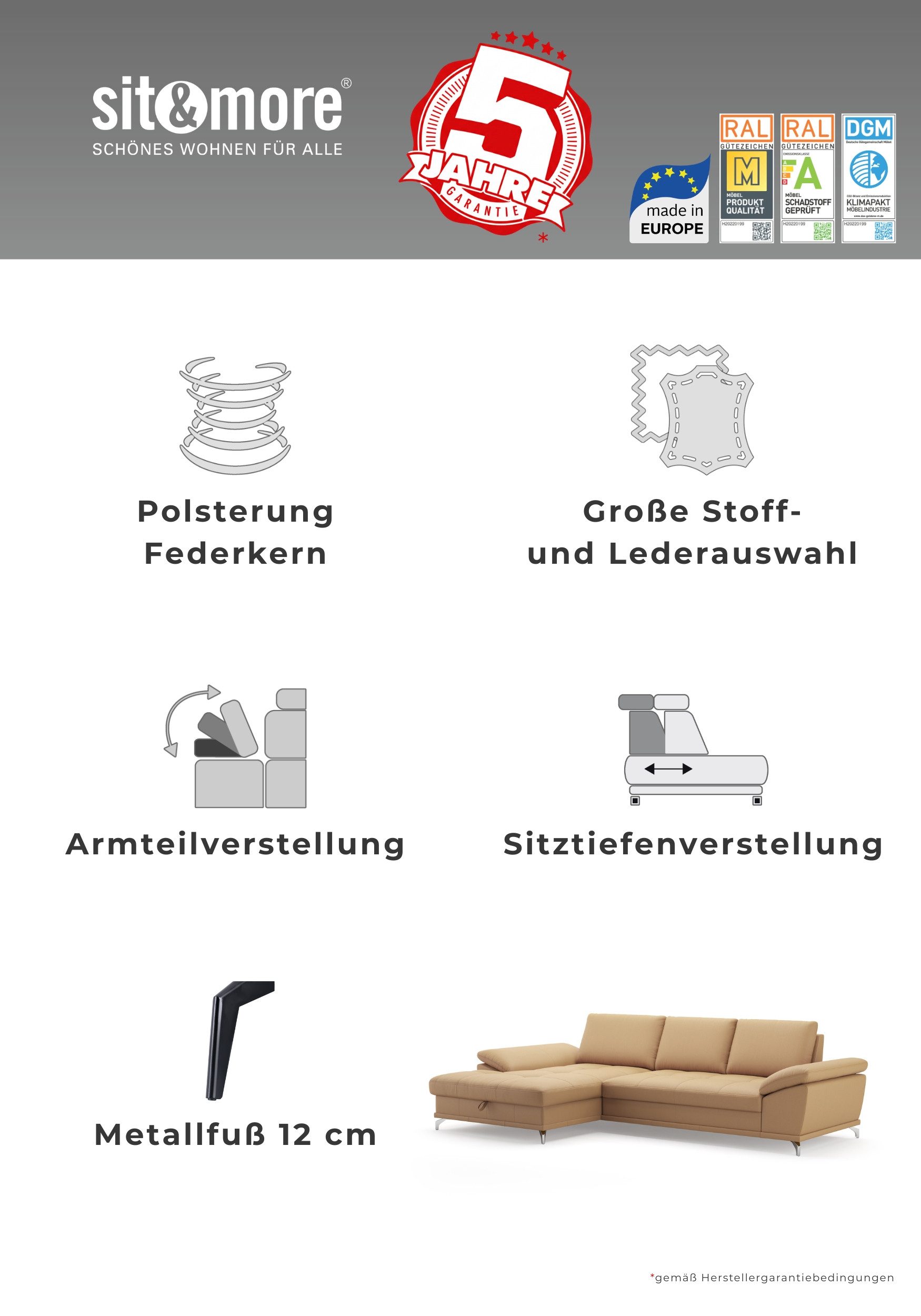 OTTO home Ecksofa Costello L-Form, B: 301 cm mit Sitztiefen-, Armteilverstellung &, 3 Nierenkissen, optional Bettfunktion & Bettkasten