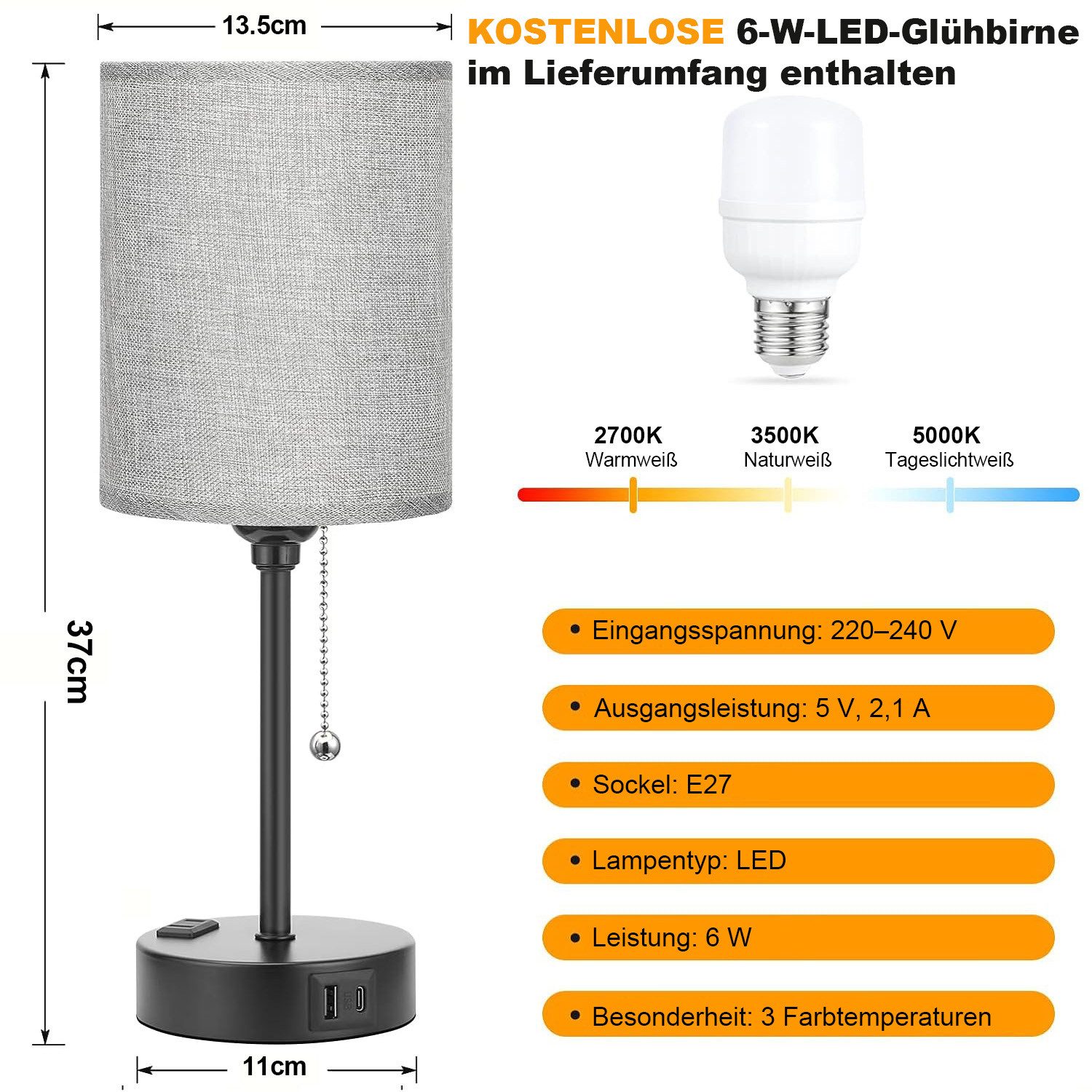 Lapalife Nachttischlampe 3 Farbtemperaturen Tischlampe mit USB A und C, Reißverschlussschalter, Mit LED Birne Kleine Lampen für Nachttisch Wohnzimmer Schlafzimm – Bild 2 von 5