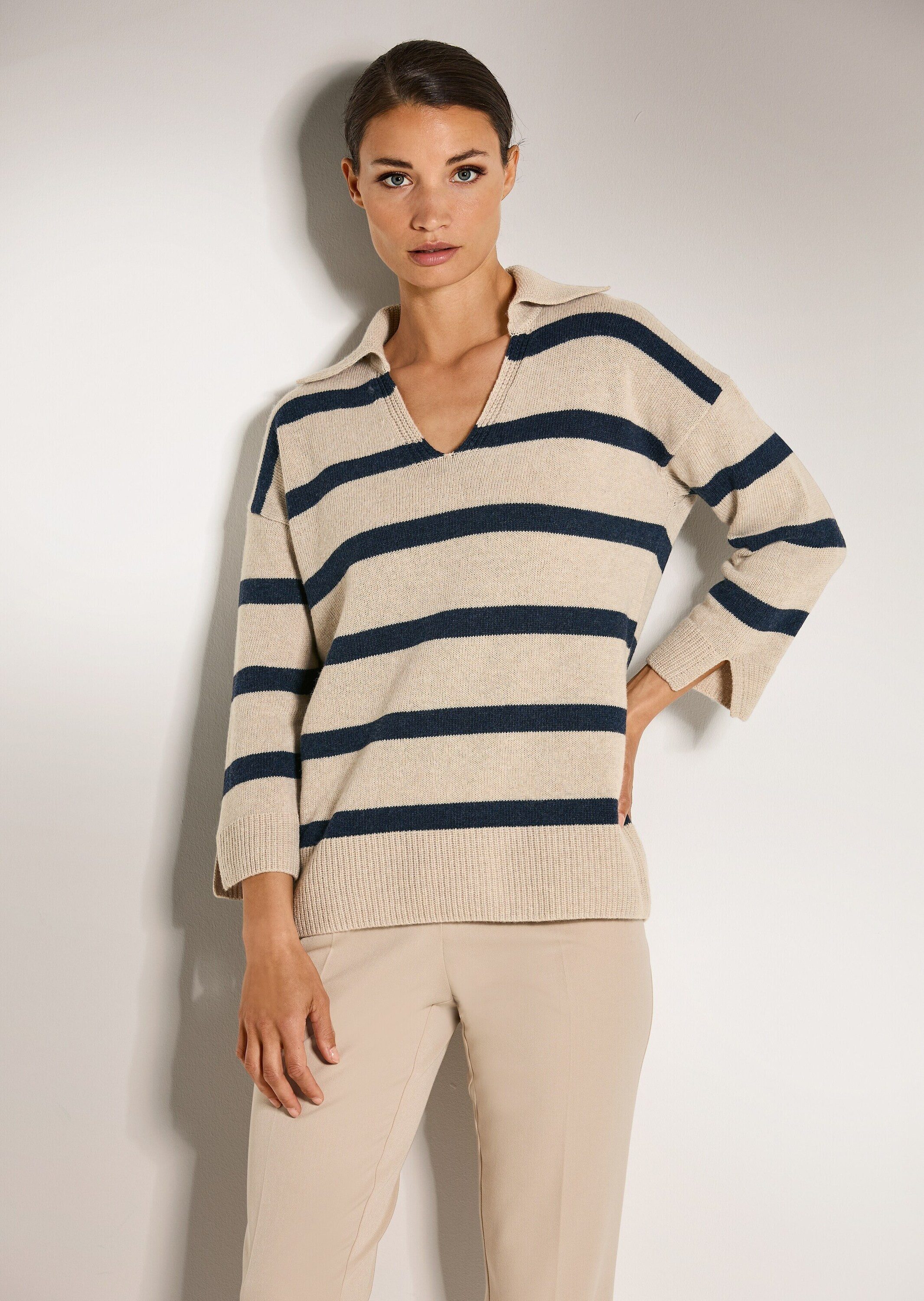 MADELEINE Strickpullover Stilvoller Wollpullover mit Polokragen Pullover in maritimen Ringel-Look mit V-Ausschnitt und 3/4-Ärmeln