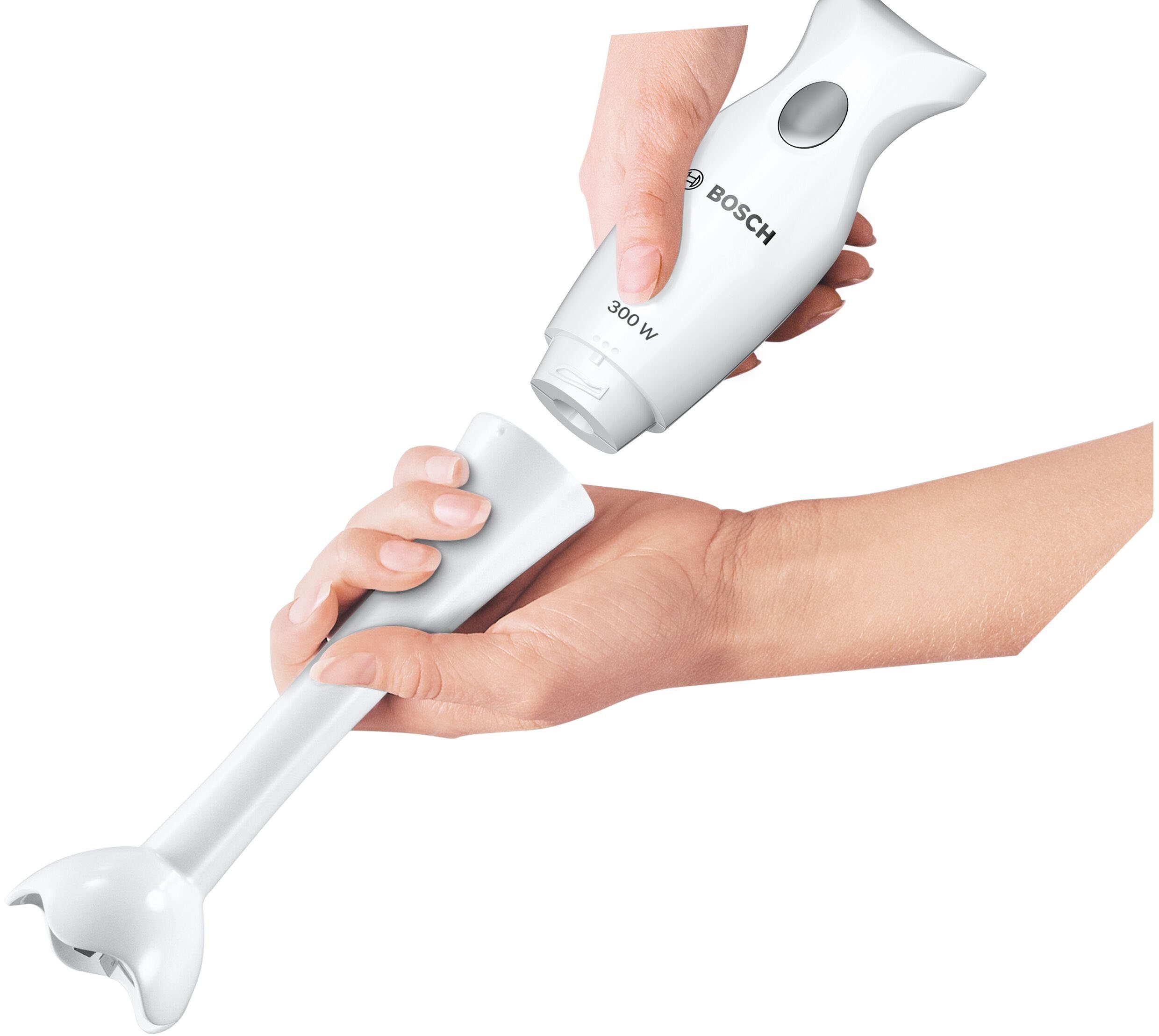 BOSCH Stabmixer MSM6B150, 4 Klingen, ergon. Griff, Mixbecher, leichtes Gehäuse, 300 W, abnehmbarer Mixfuß, einfache Reinigung, made in Europe, weiß/grau
