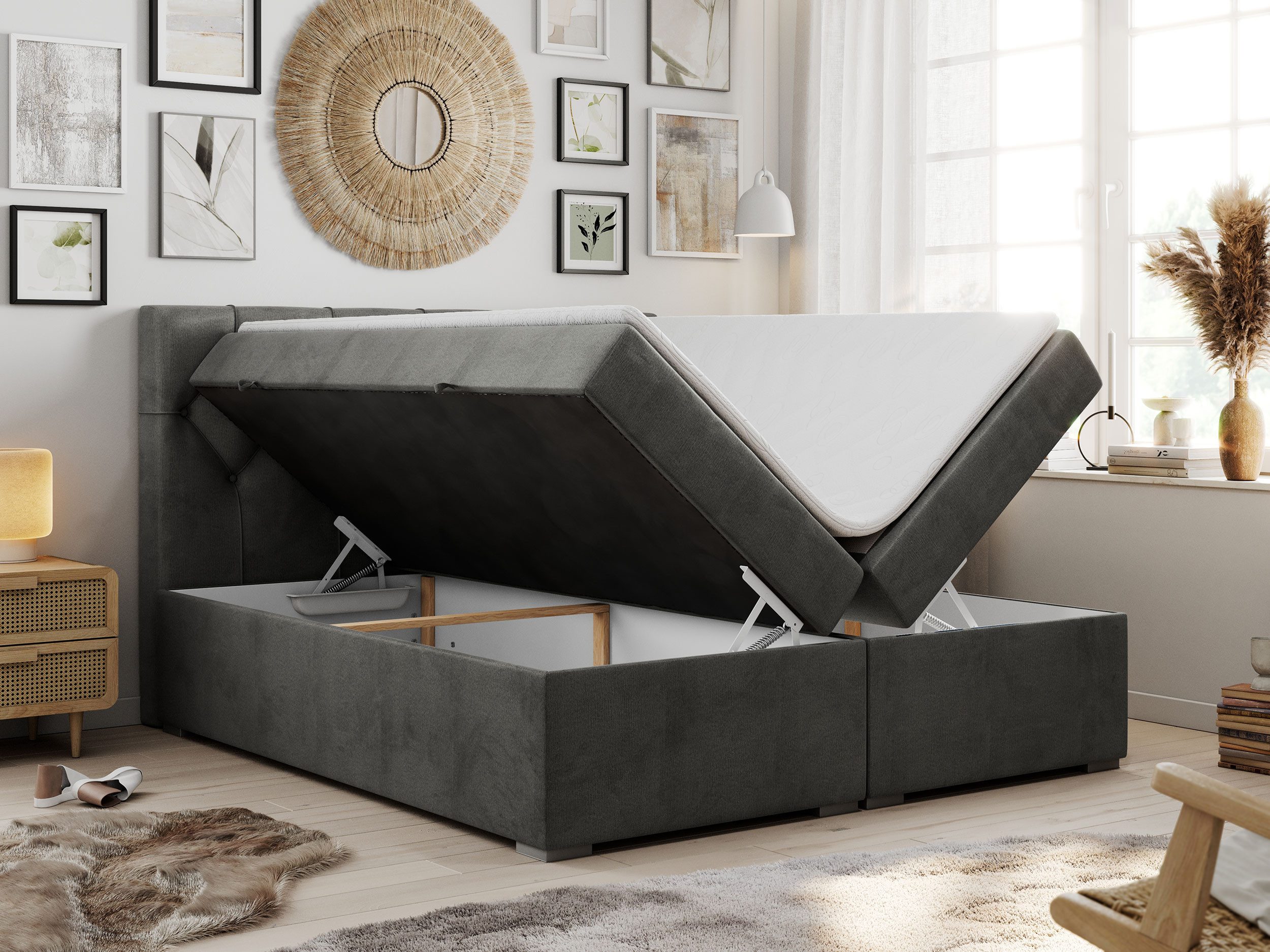 MKS MÖBEL Boxspringbett ALDA (Set, Packung, T30-Schaum, zwei Bettkästen, gepolsterte Kopfstütze), Doppelbett, Multipocket-Matratzen, Modern Bett
