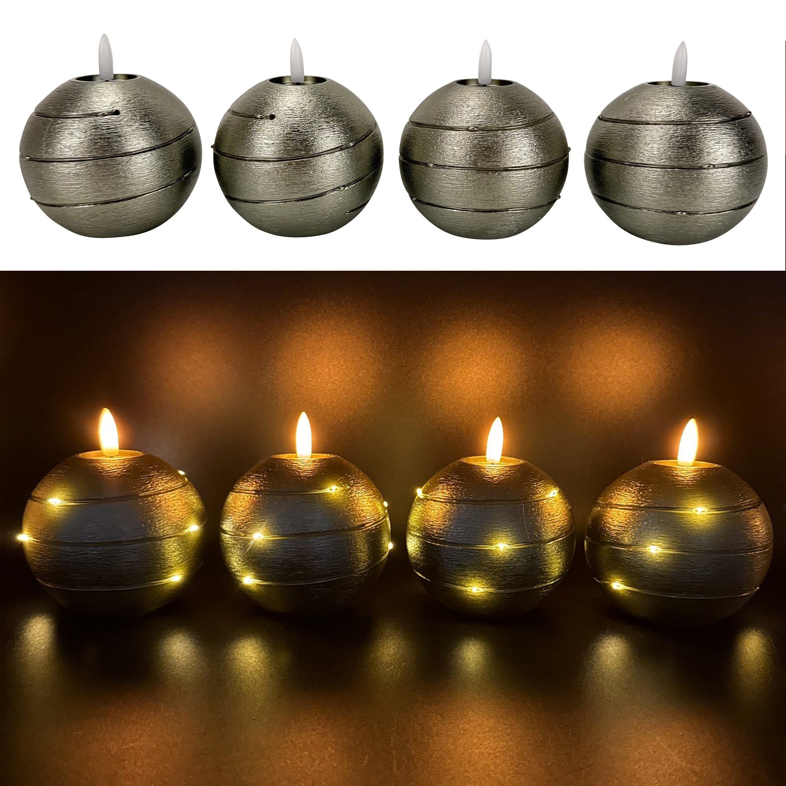 Online-Fuchs LED-Kerze 4 runde Kugelkerzen aus Echtwachs mit Timer & LED-Lichterkette, realistische Kerzenflamme, warmweiße Flamme und Lichterkette, praktische 6-Stunden Timerfunktion enthalten