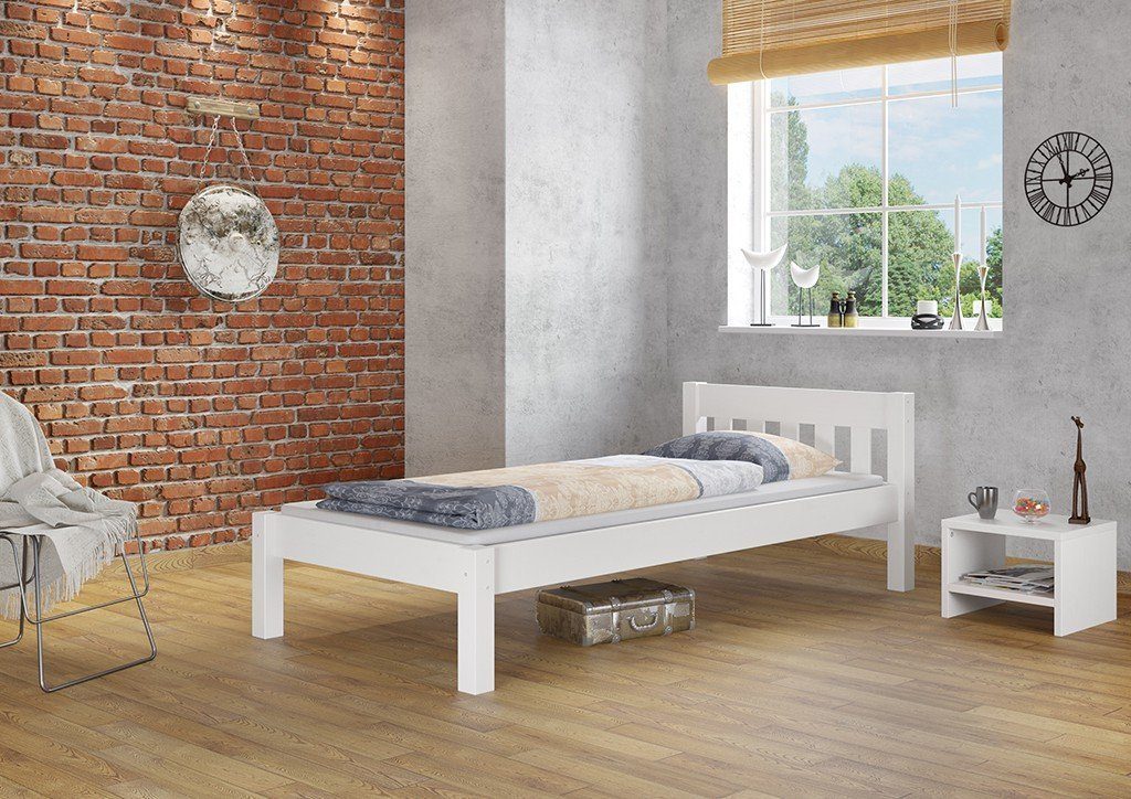 Holzbett 100x200 Rost, Bett massiv Weißes Kieferwaschweiß mit ERST-HOLZ Kiefer