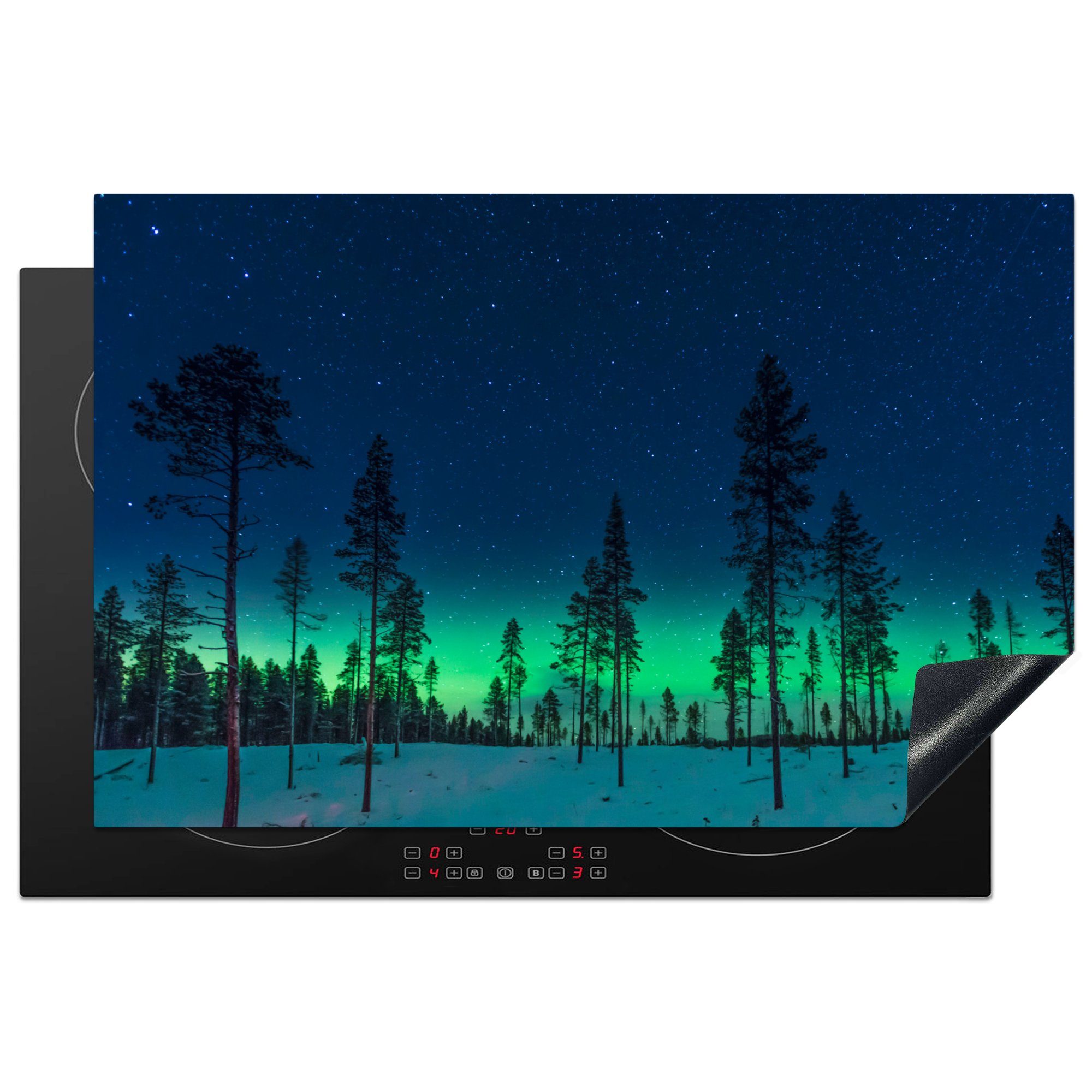 MuchoWow Herdblende-/Abdeckplatte Nordlicht - Schnee - Bäume - Natur - Grün, Vinyl, (1 tlg), 81x52 cm, Ceranfeldabdeckung, Arbeitsplatte für küche