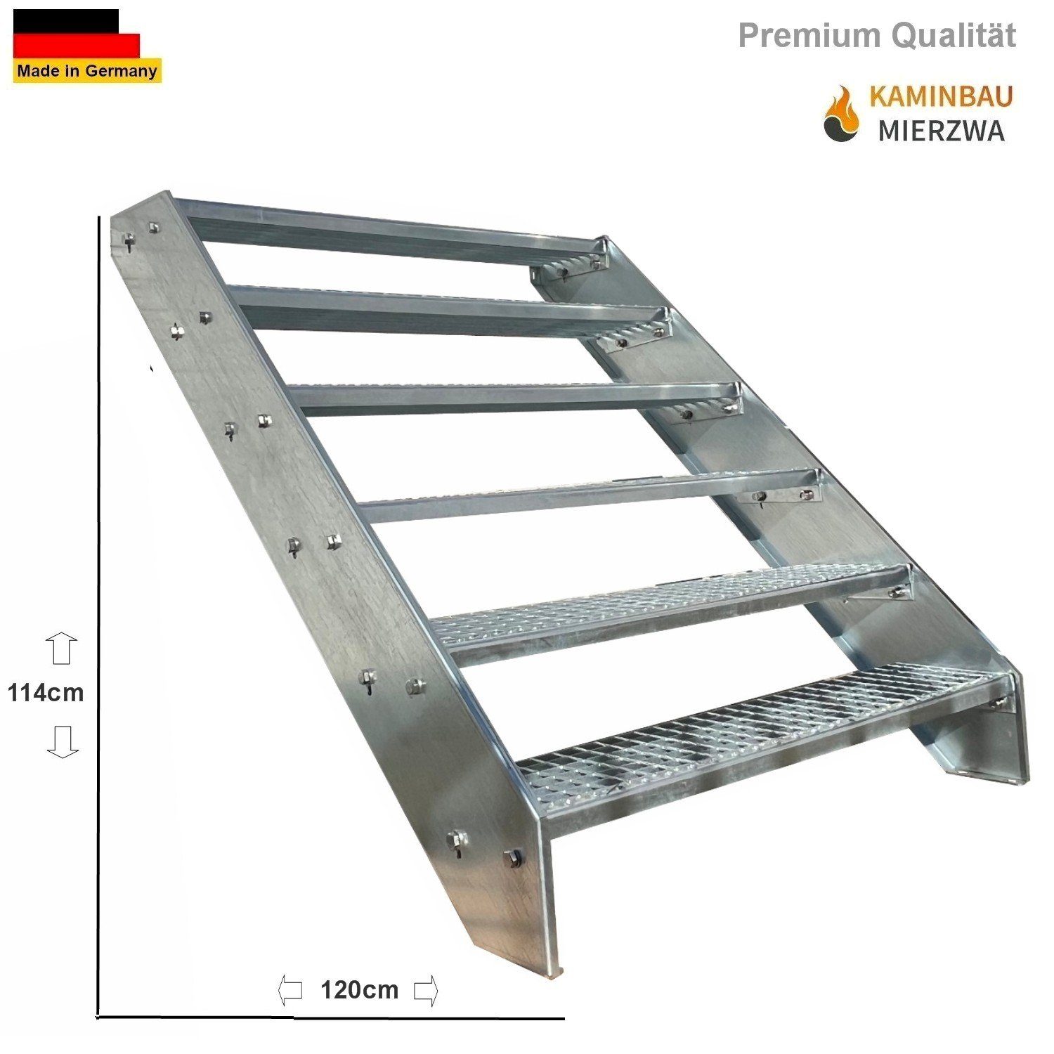 Kaminbau Mierzwa Außentreppe Premium Treppe Verzinkt mit und ohne Geländer, für Geschosshöhen bis 114.00 cm, Stufen Gitterroststufen nach DIN 24531, (Höhe 114 cm, Stufenbreite und Geländerart wählbar), Gartentreppe Stahltreppe Wetterfest Rostfrei Feuer-Verzinkt Rutschfest