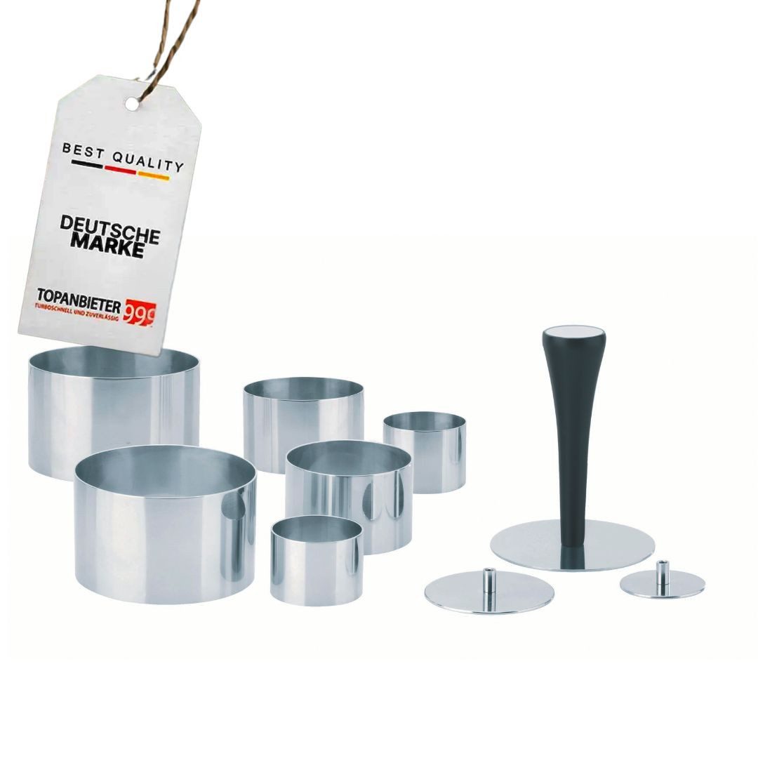 Topanbieter999 Speisering Edelstahl 10-teilig, Profi Speisenringe Ø 4/6/8 cm, mit Presse & Griff, Edelstahl – Bild 2 von 5