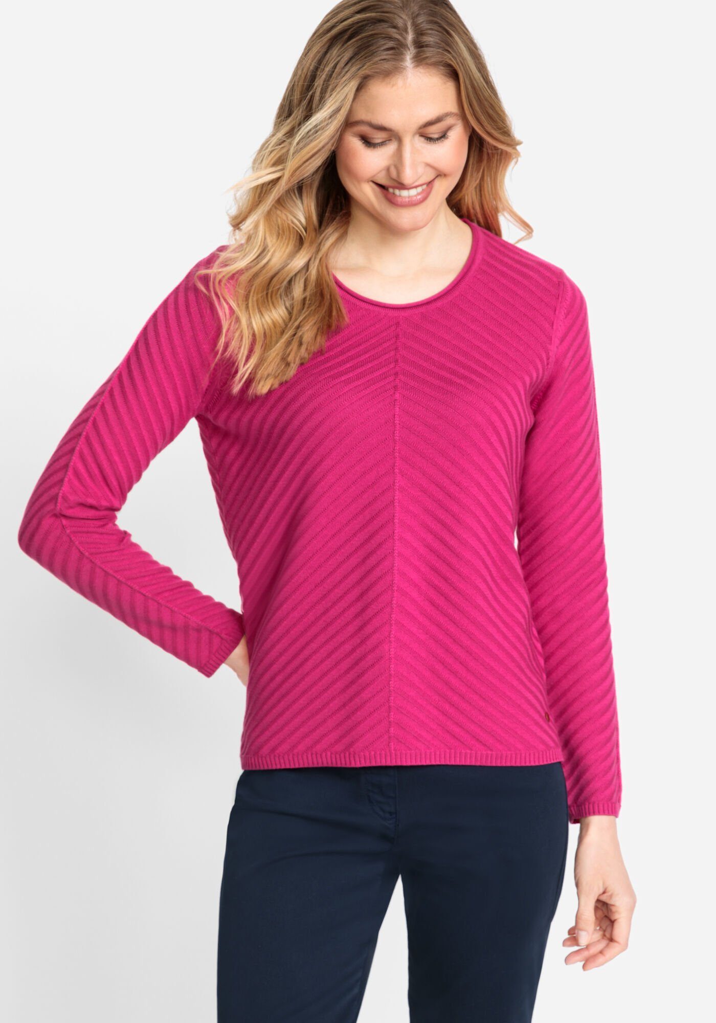 Olsen Rundhalspullover Eva mit diagonal verlaufendem Strickmuster Vivid Pink