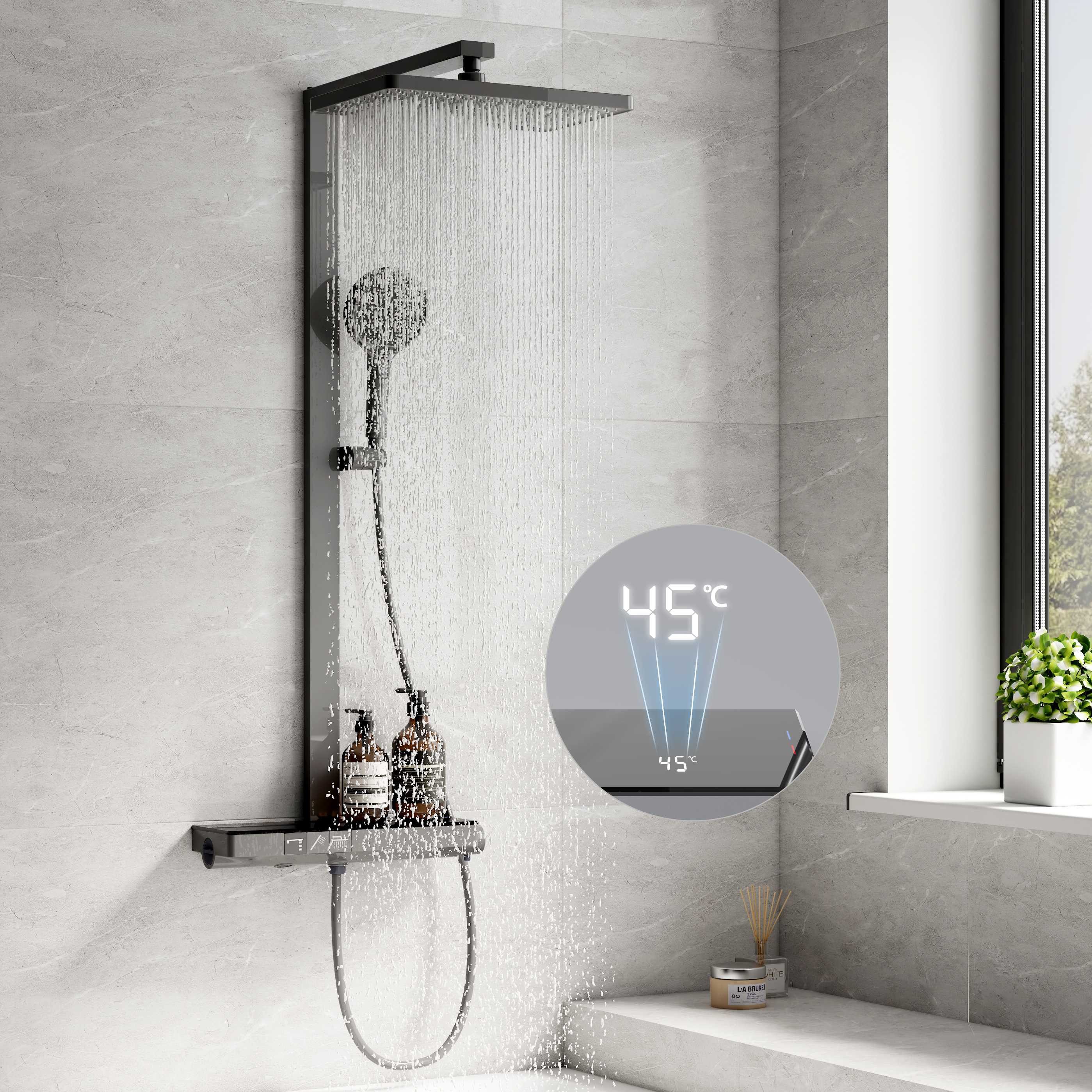 Duschsystem EMKE 36x24cm eckig Regenduschset mit Kopfbrause und 40cm Thermostat