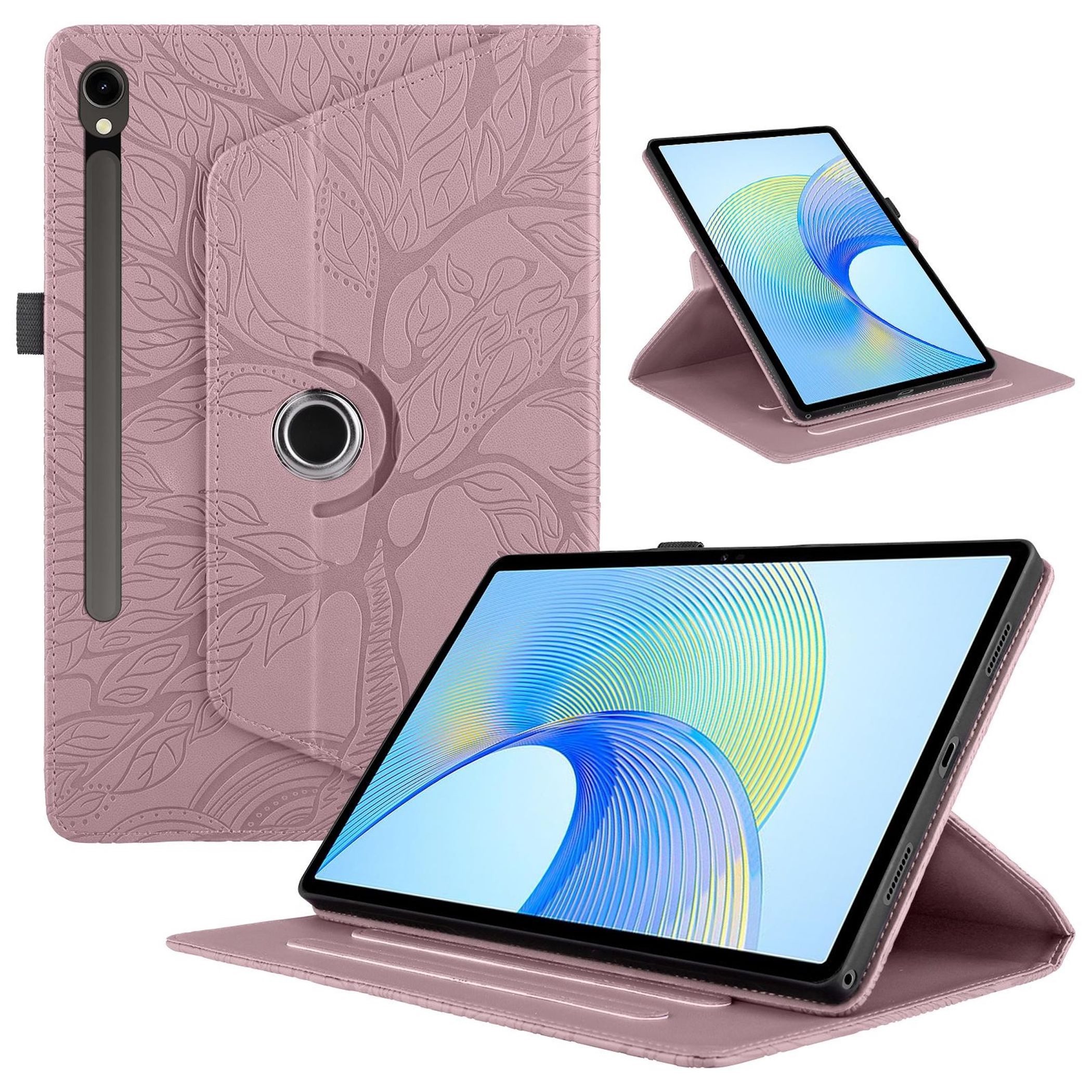 Wigento Tablet-Hülle Für Samsung Galaxy Tab S10 FE Plus 360 Baum Kunstleder Tasche Pink, 360° Drehfunktion, Baum des Lebens Motiv, Standfunktion