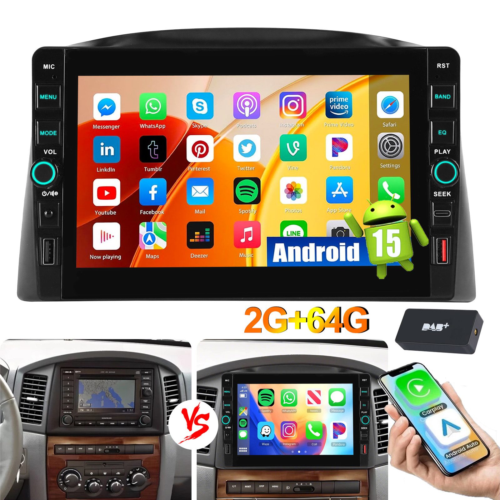 ESSGOO Carplay 4+64G Android15 Autoradio GPS BT Für Jeep Grand Cherokee WH/WK Autoradio (RDS, 4+64GB(optional), Type-C, Digitalradio (DAB), USB, FM, Apple Carplay Android Auto GPS Navi WIFI BT EQ USB- und Type-C)