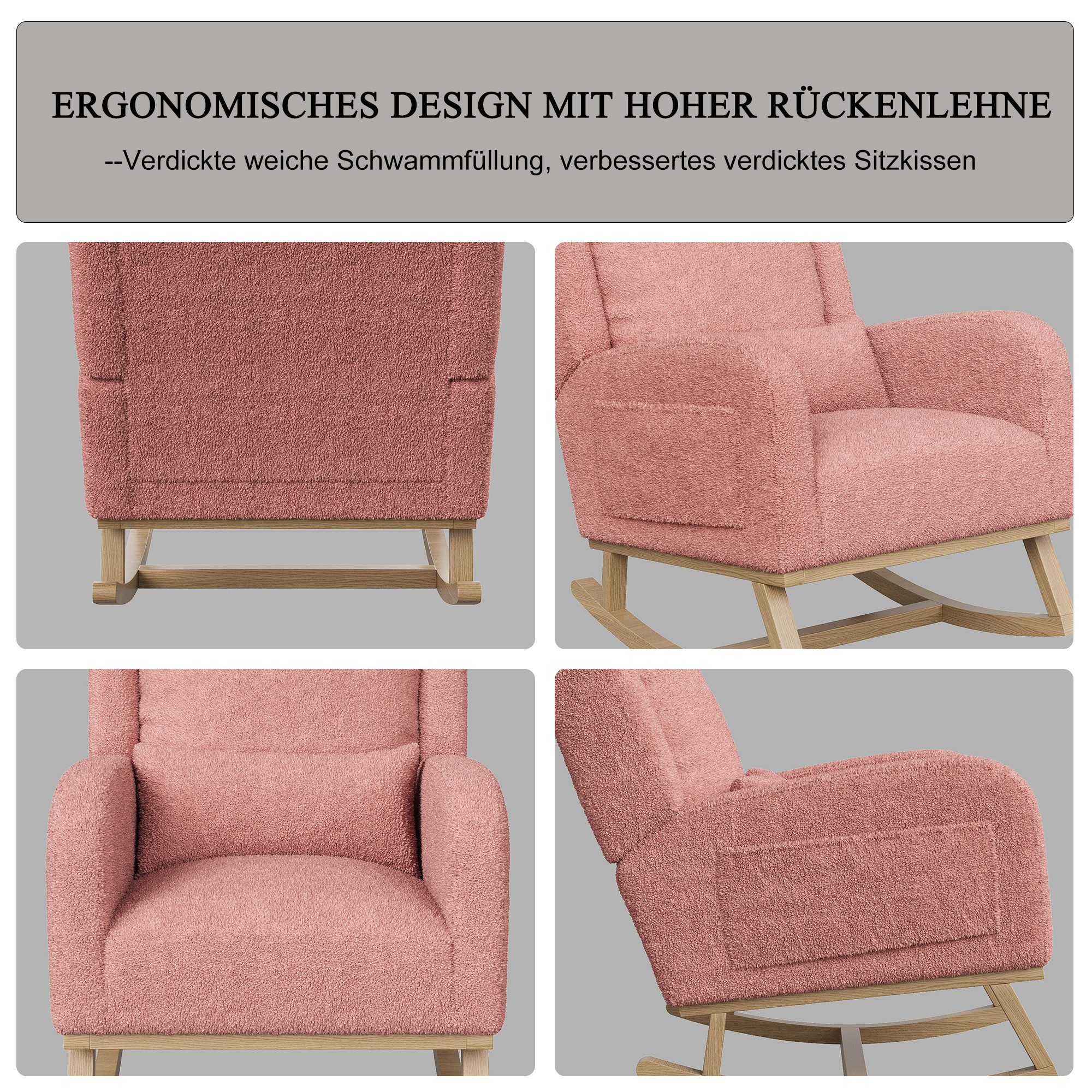 BELUPAI Schaukelstuhl Polster Schaukelsessel, mit Massivholzfüßen,für Schlafzimmer (Set, 1 St), 2 Seitentaschen,1 Lendenkissen,Teddystoff,Rosa