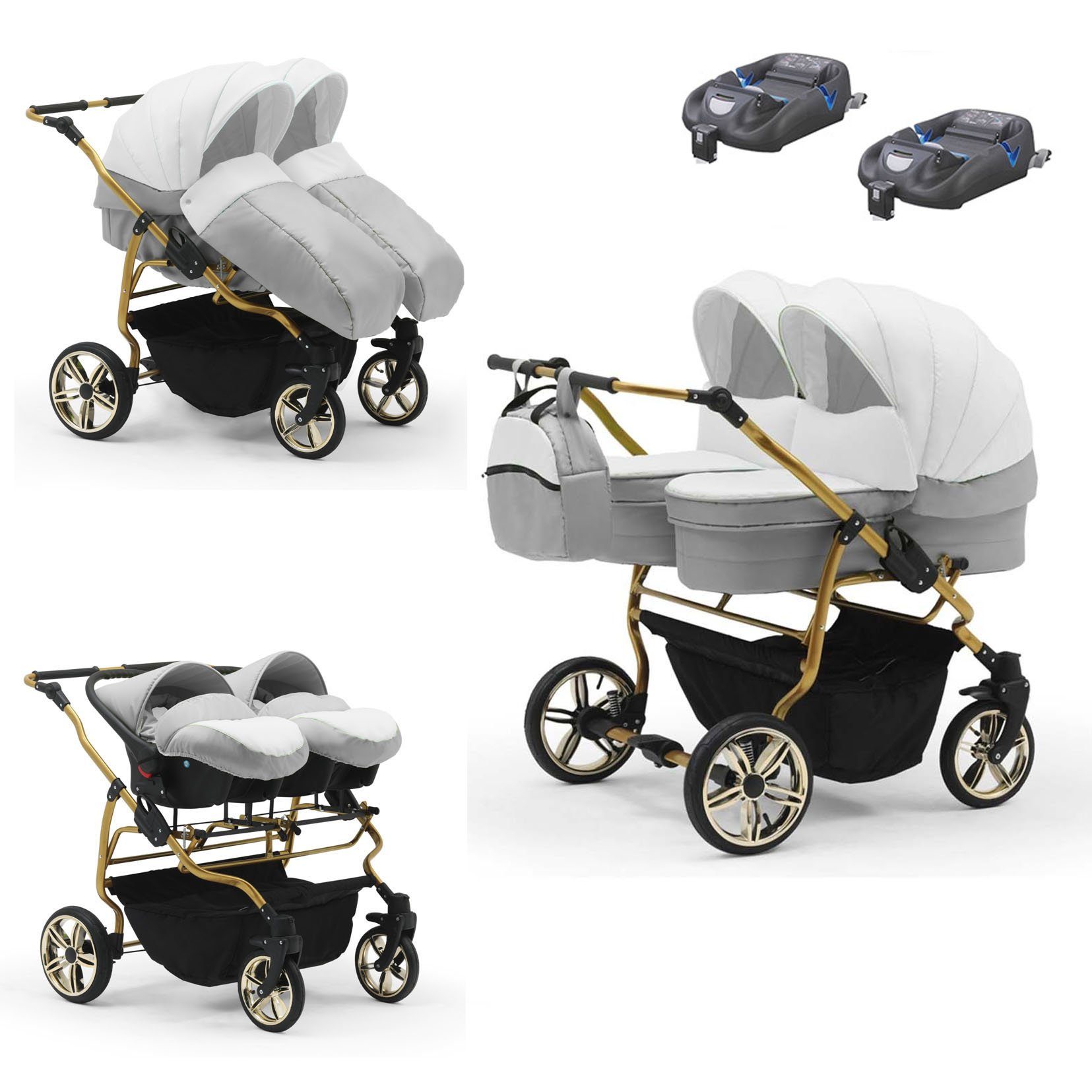 babies-on-wheels Zwillingswagen Zwillingswagen Duet Lux Gold 4 in 1 - 15 Teile - in 33 Farben Weiß-Hellgrau