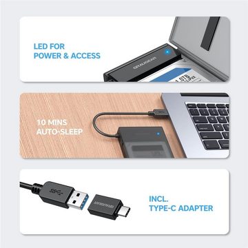 GRAUGEAR Festplattenhülle G-2603-AC, USB 3.0 Adapter für 2,5" SSD HDD Festplatten mit Schutzbox USB C