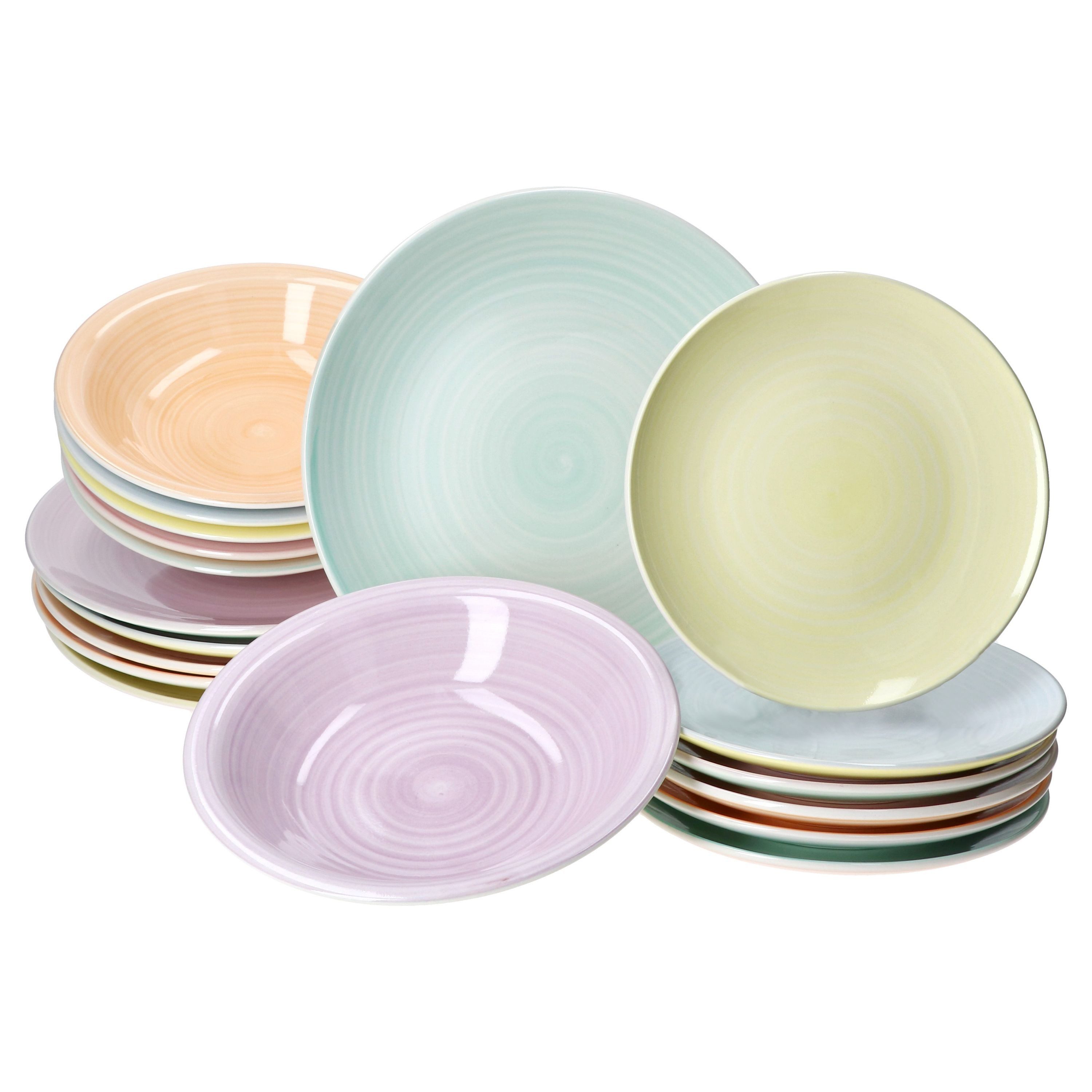 MamboCat Teller-Set 18tlg Tellerset Pastello 6 Pers. Essteller Kuchenteller bunt Teller, Steingut
