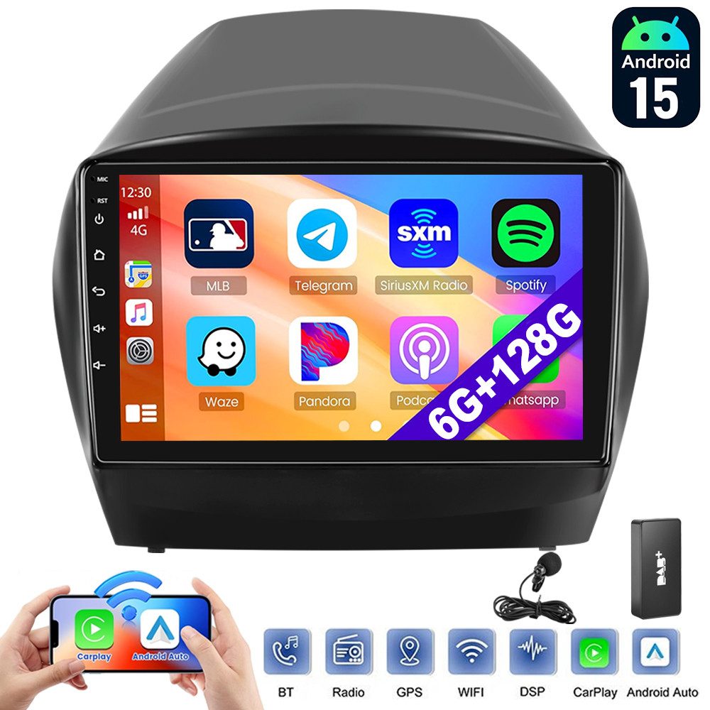 ESSGOO DAB+ Carplay Für Hyundai ix35 Tucson Android 15 Autoradio GPS 6+128G Autoradio (RDS, 6GB+128GB, Digitalradio (DAB), FM, AM, Carplay Android Auto Bluetooth EQ USB GPS Navi WIFI Touchscreen)