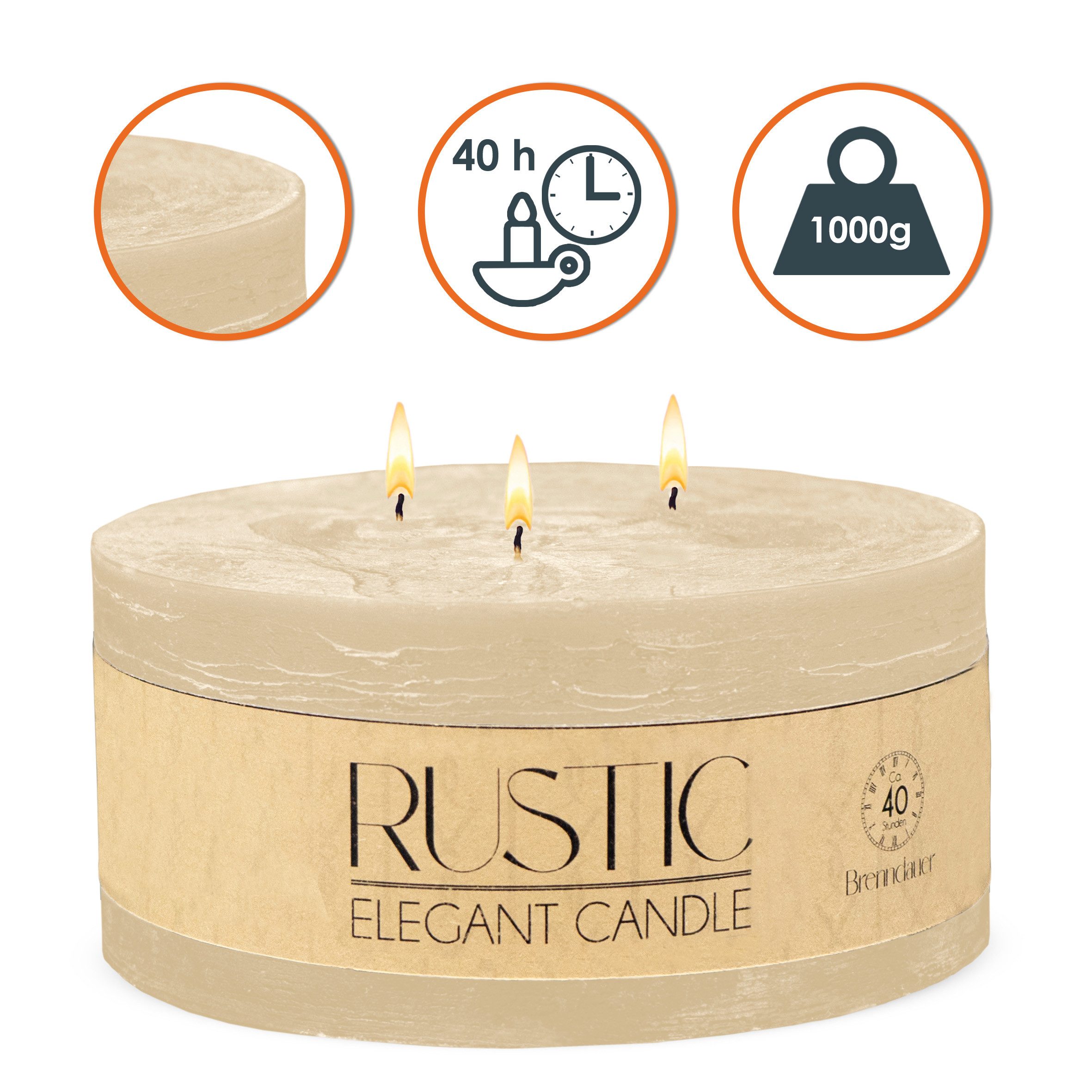 Spetebo Rustic-Kerze XL 3-Docht Kerze rund unparfümiert (Große Stumpen Kerze, 1-tlg., für gleichmäßiges Abbrennen), Geruchslos