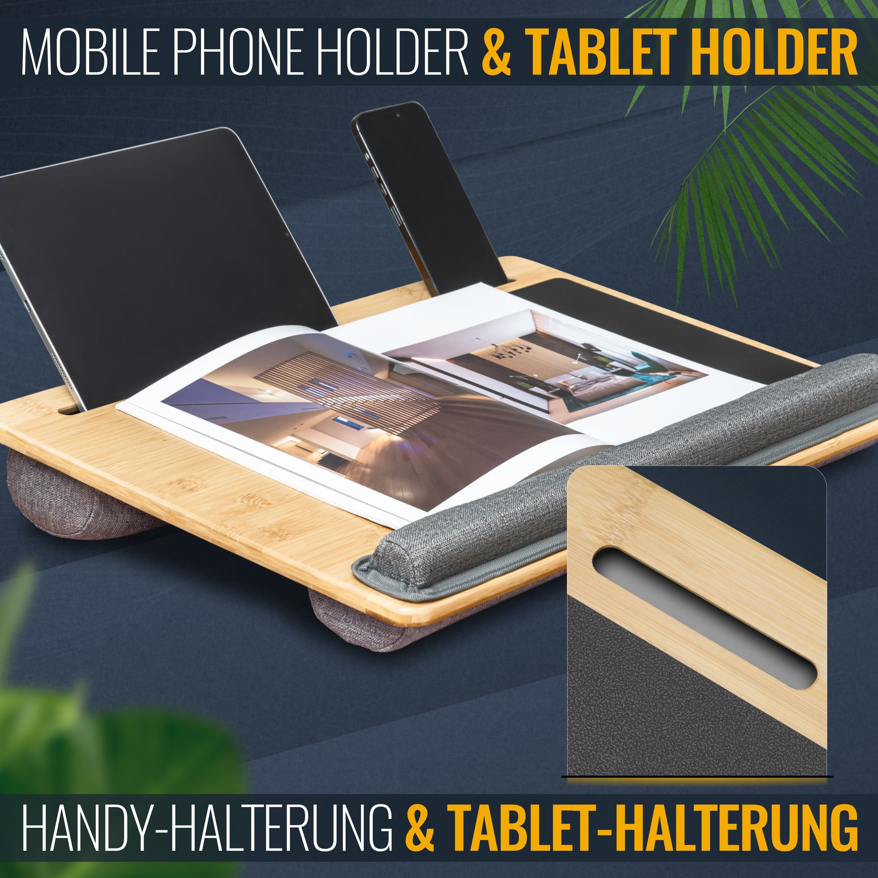 RICOO Laptoptisch Laptop-Kissen Laptop-Ständer mit Kabelführung Knietablett 55cm LA0035 (1-St., Laptop Tisch Bett Laptop Auflage Couch Laptop Zubehör Bambus Optik), Knietablett Notebook Halterung Schoßtablett Betttablett