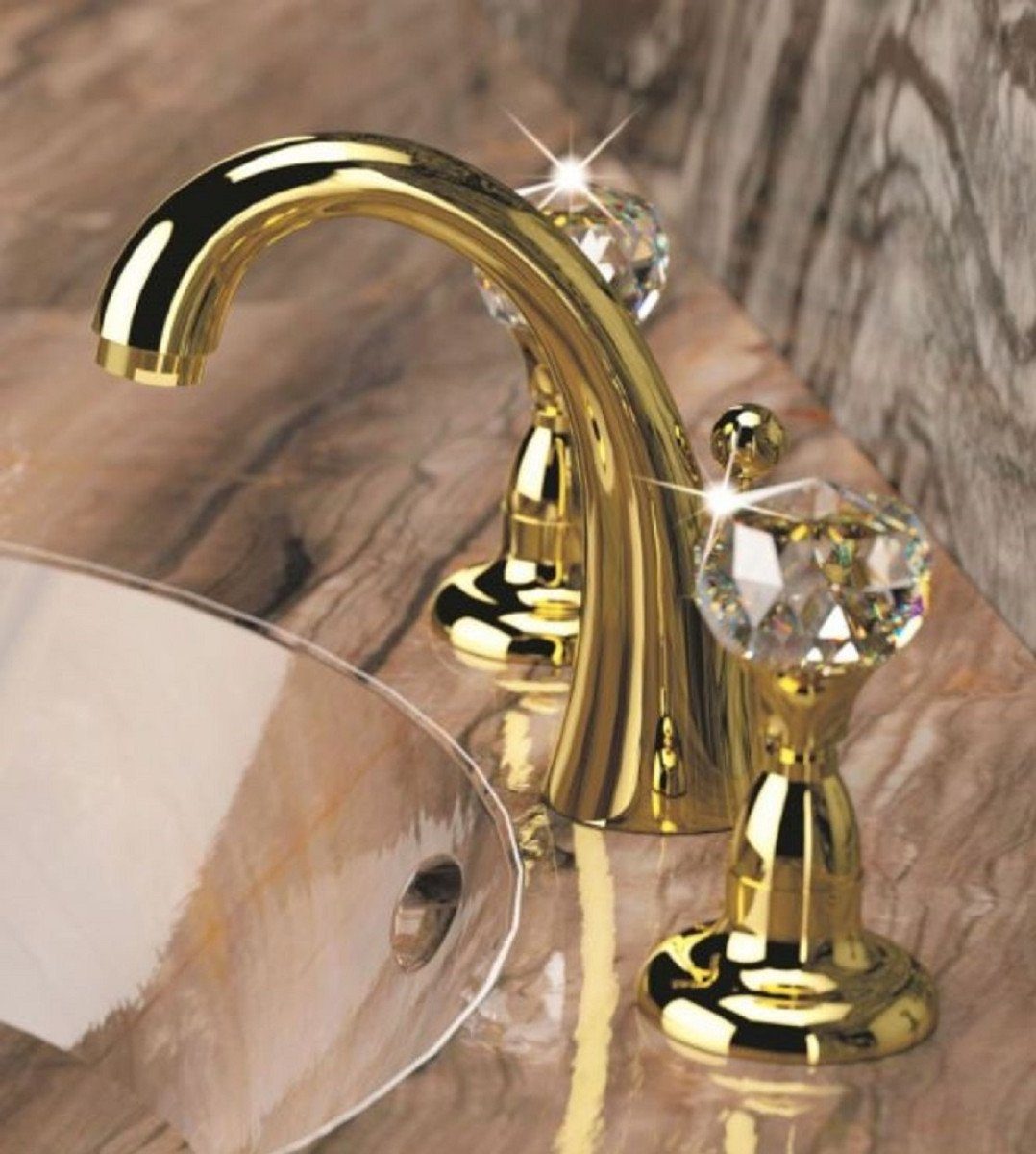 Waschtisch cm Bad Casa Zubehör Padrino Dreilochbatterie mit Armatur Swarovski H. Made Gold Waschtischarmatur Luxus 15 - - Kristallglas in mit Ablaufgarnitur Italy - Luxus