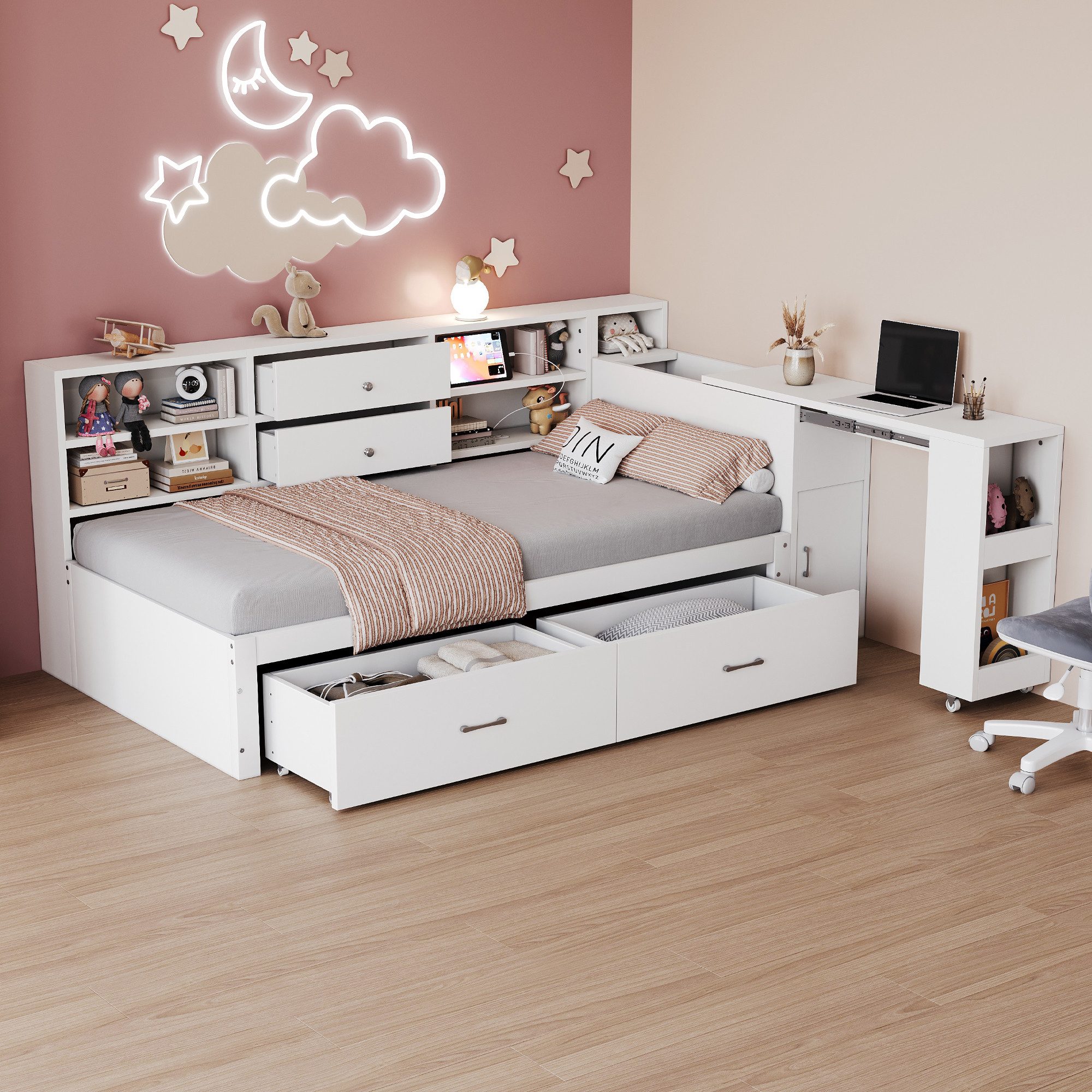 Flieks Kinderbett, Daybett 90x200cm mit ausziehbarem Schreibtisch & Schubladen & Aufladen