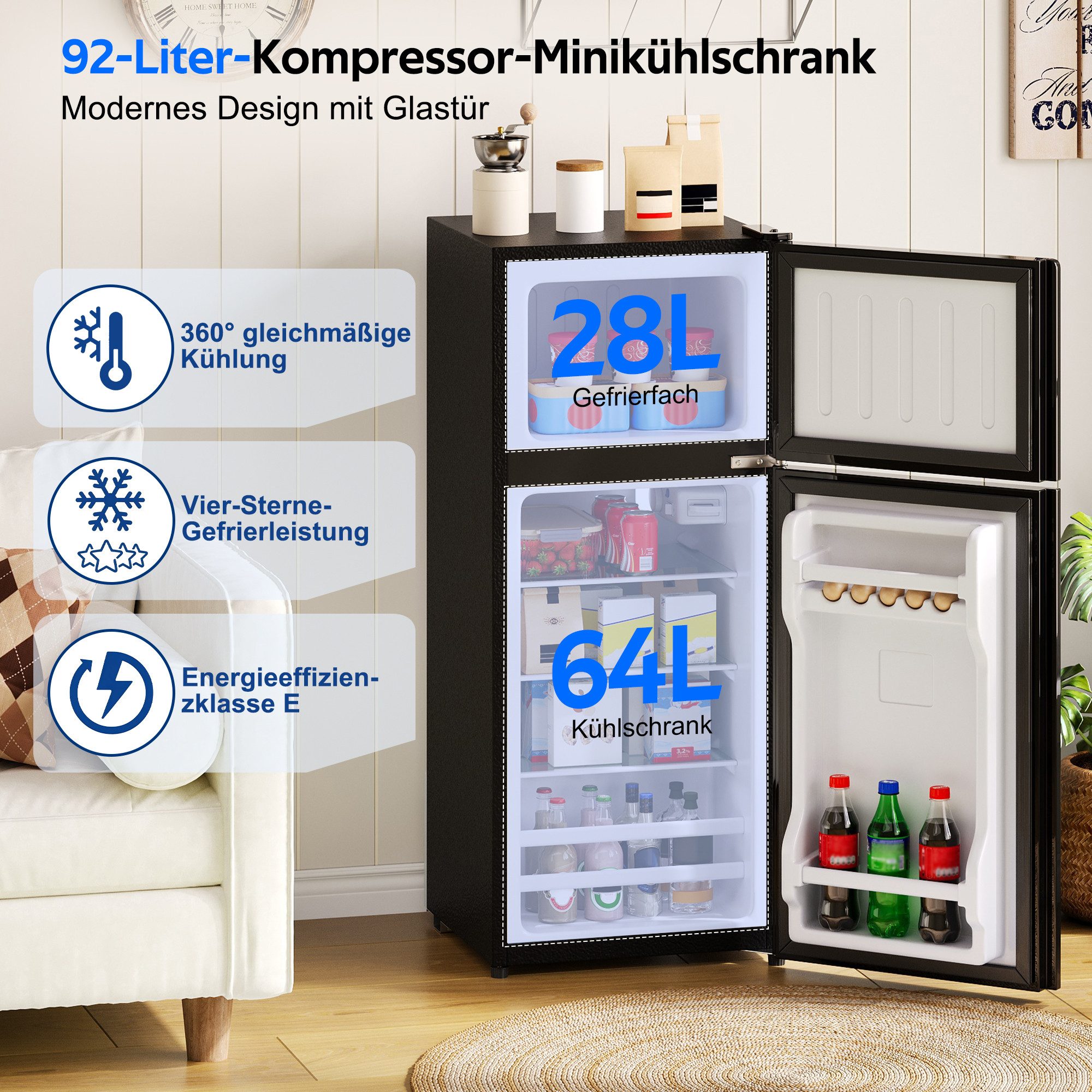 Merax Kühlschrank 92L mit Gefrierfach 28L, Minikühlschrank mit LED BCD-102AB, 102 cm hoch, 42.5 cm breit, Kühlschrank Freistehend mit Glastür, Leise 45dB, Temperaturregelung