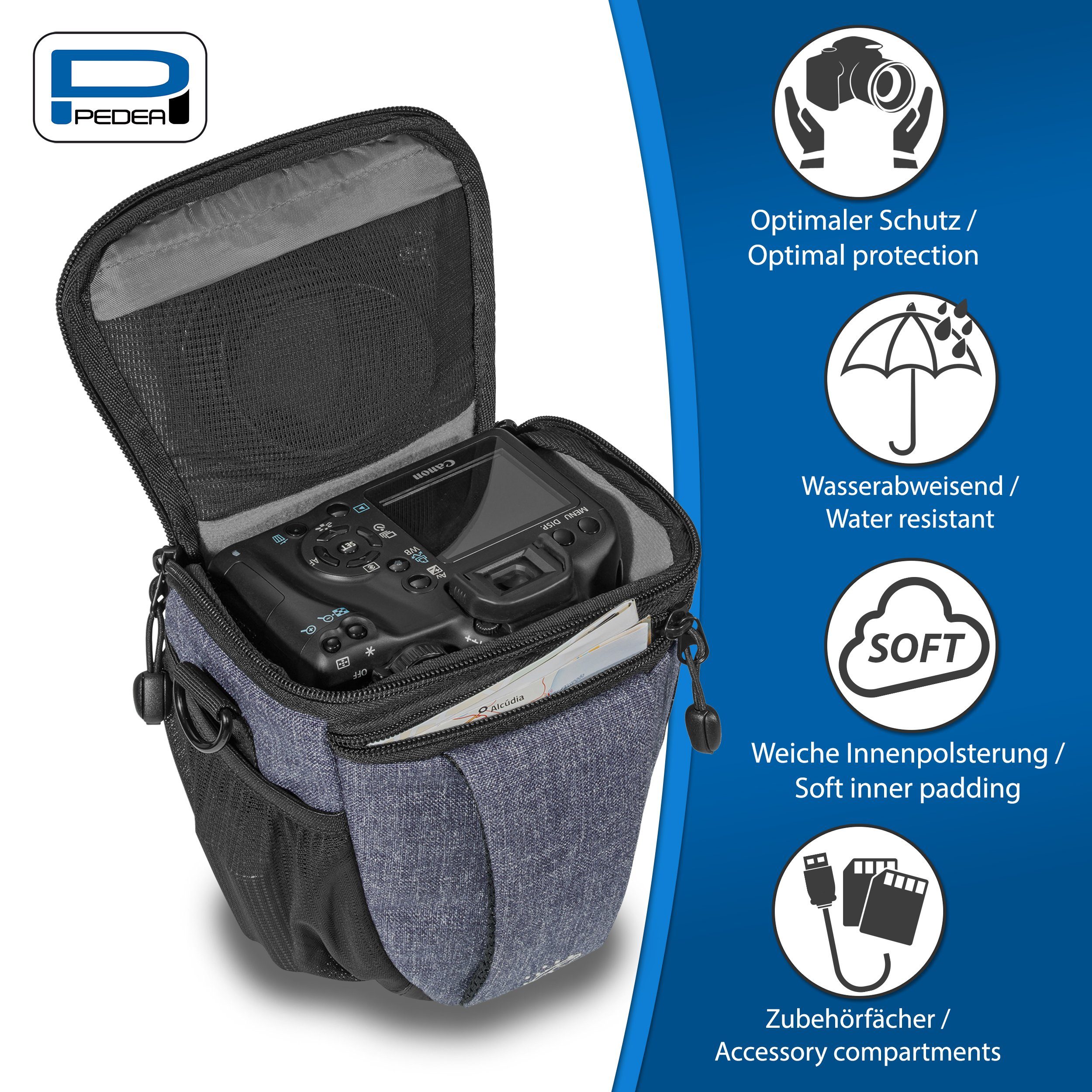 PEDEA Kameratasche FASHION M Fototasche gepolstert, mit Gurt und Zubehörfächer, Größe M / Regenschutz, Schultergurt, Zubehörfächer