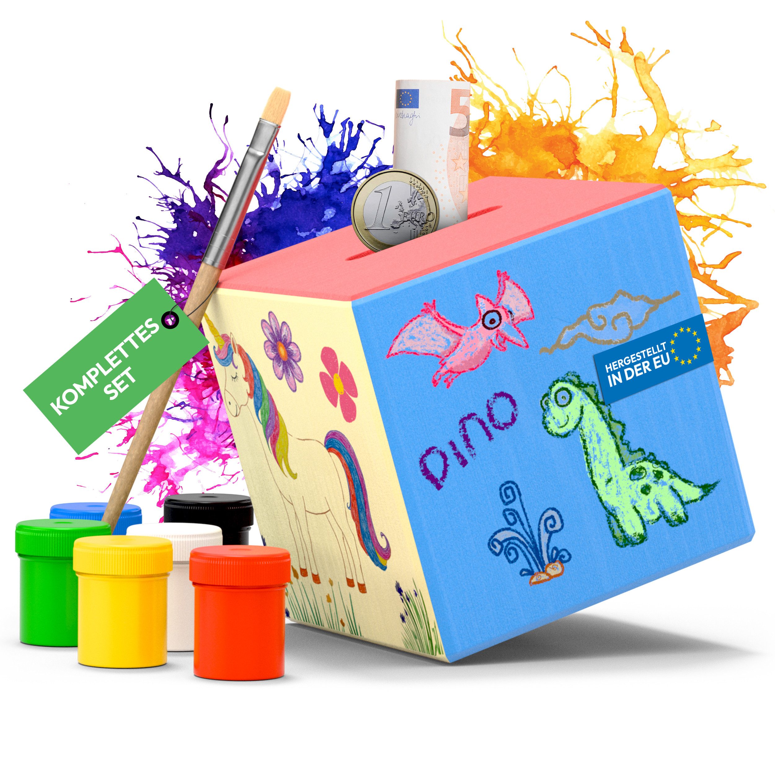 Spardose Kinder aus Holz zum bemalen inkl. 6 Farben und Pinsel - Sparschwein -