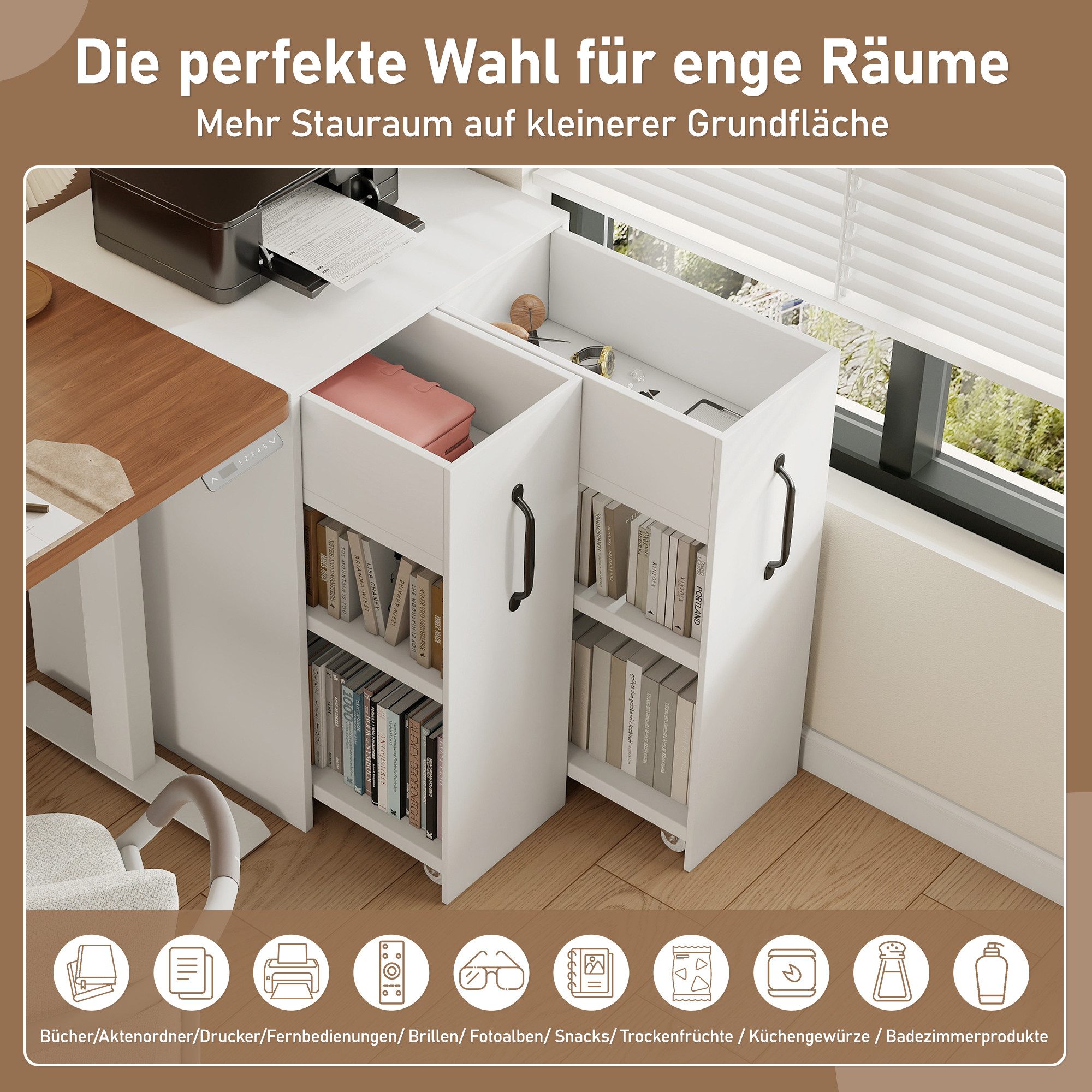 MODFU Aktenschrank Kompakter Stauraumschrank mit 360° Rollen (Einzelschrank, Nachttisch, 1-St., mit Fächern und Schubladen, mit Absturzsicherung) links-rechts tauschbar