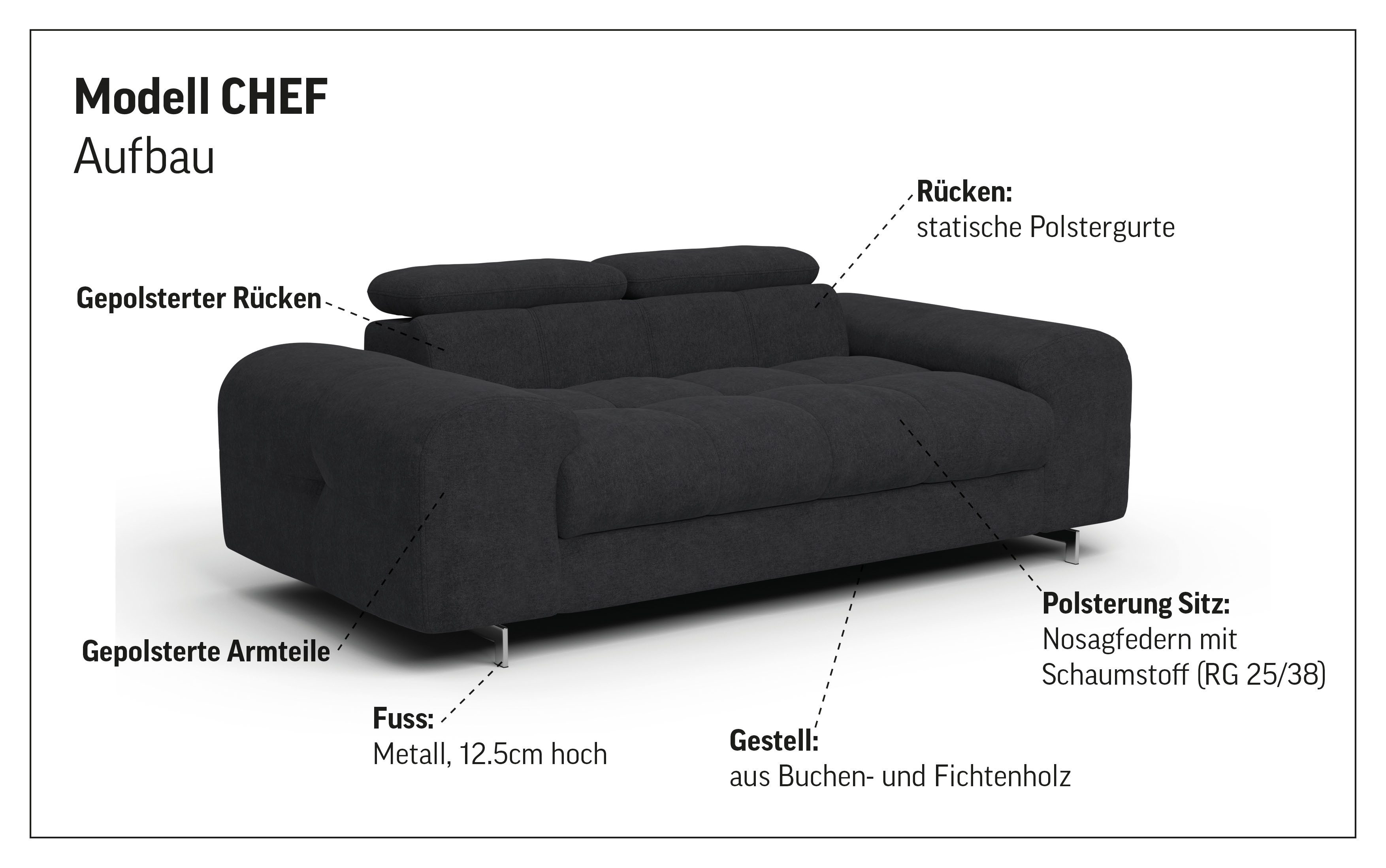 COTTA 2-Sitzer Chef, Big-Sofa mit Kopfteilverstellung, edle Metallkufen