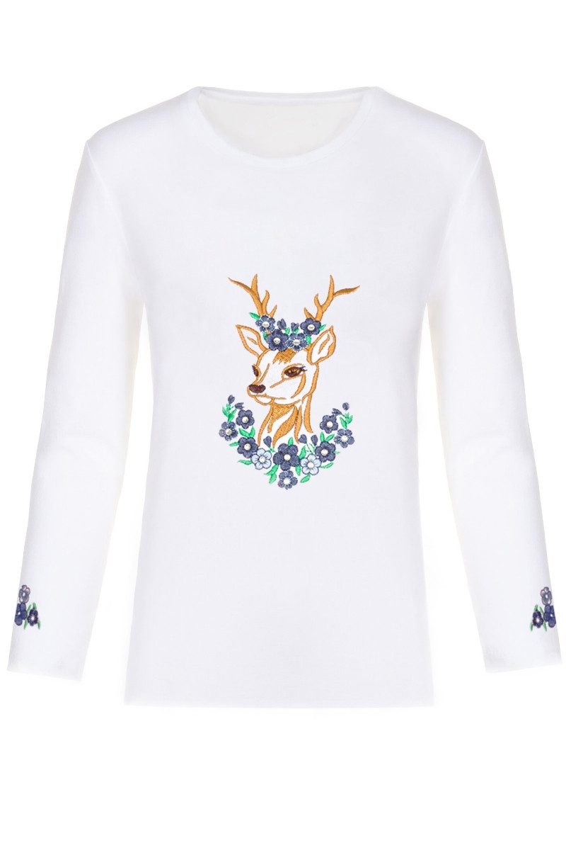 Isar-Trachten Trachtenbluse Longsleeve Kind - BLUMENREHLEIN - weiß/blau