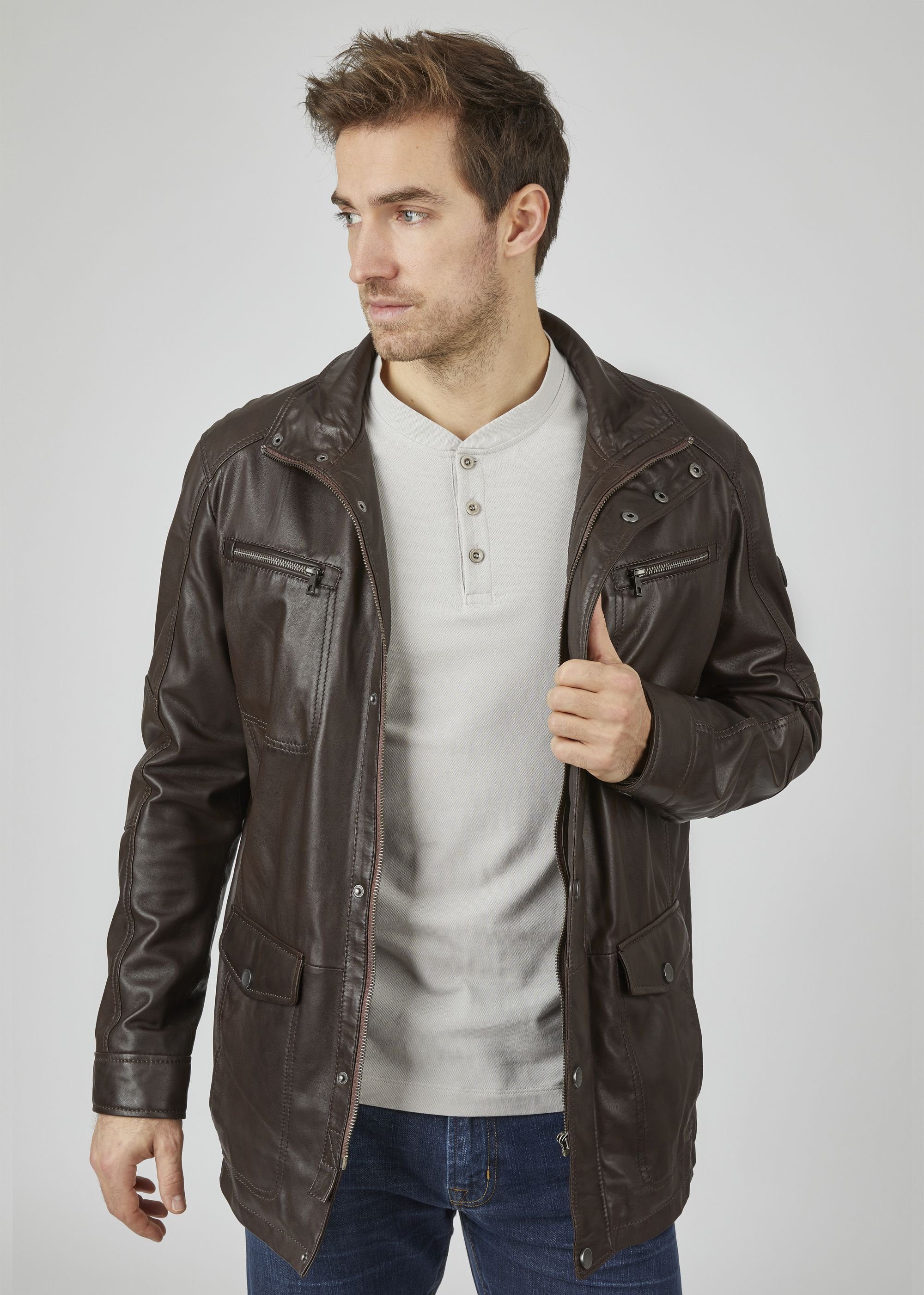 bugatti Lederjacke David mit Pattentaschen und Abdeckleiste