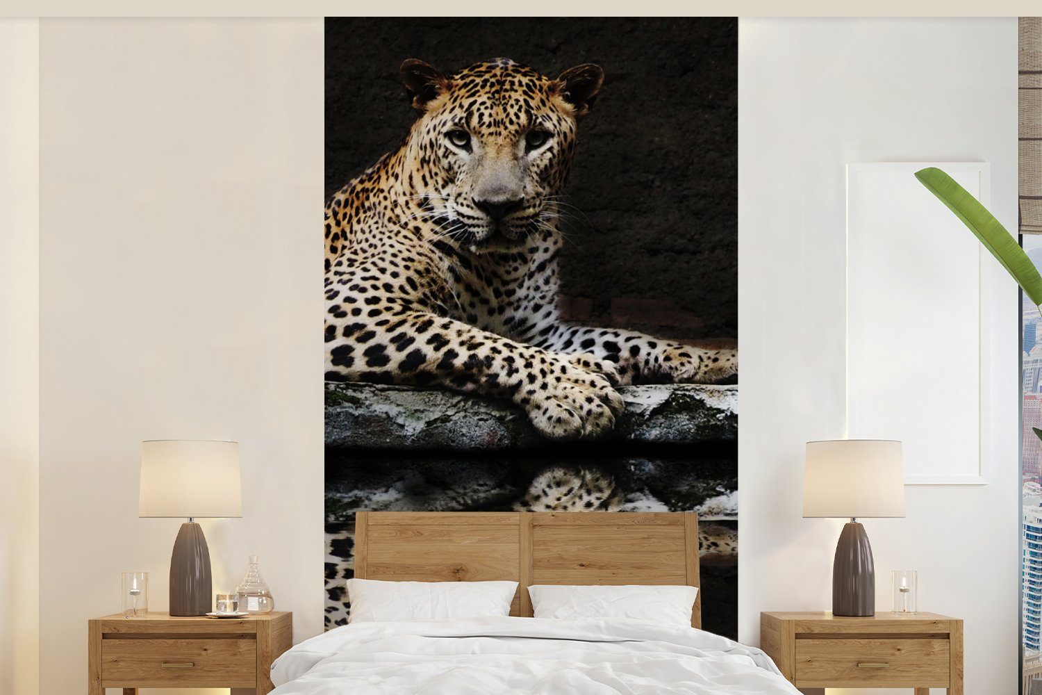 MuchoWow Fototapete Leopard - Wasser - Wald, Matt, bedruckt, (2 St), Vliestapete für Wohnzimmer Schlafzimmer Küche, Fototapete