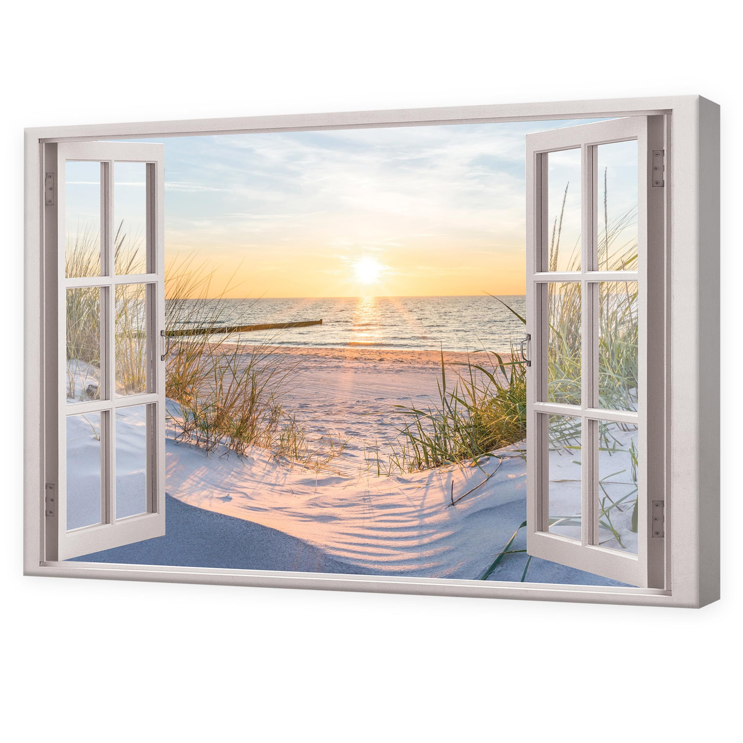 Wallarena Leinwandbild Fenster mit Meerblick und Sonnenuntergang in Beige für Wohnzimmer, Fenster (1 St), mit Holzrahmen wandfertig montiert UV-beständig und lichtecht 120x80cm