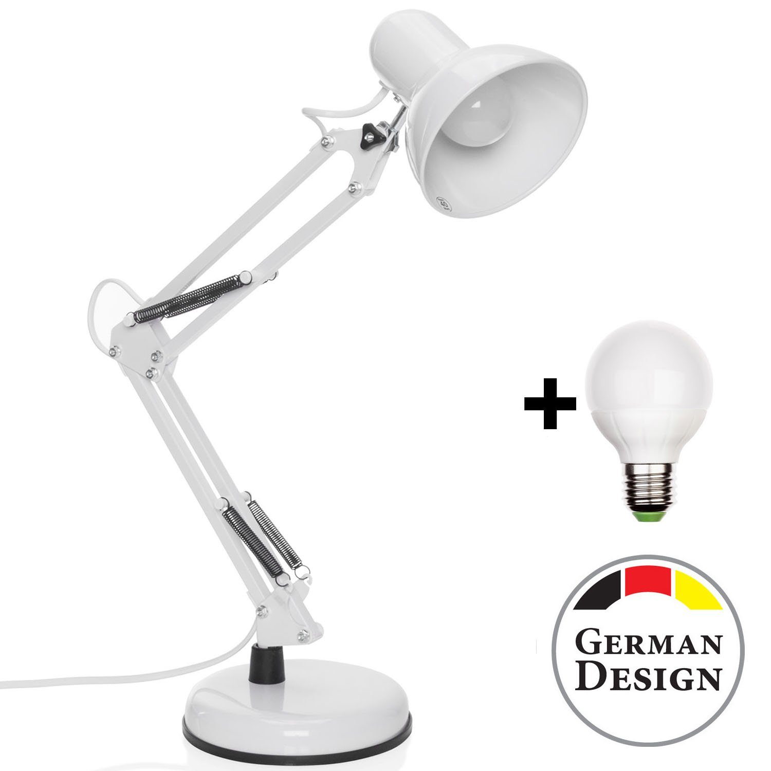 Goods+Gadgets LED Schreibtischlampe Retro LED Tischlampe, Weiß wechselbar, Arbeitsplatzlampe Leselampe, Gelenk-Arm