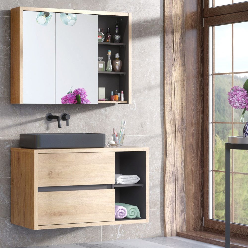 Lomadox Badmöbel-Set DANZIG-56, (Spar-Set, 2-St), schwarz matt in Shetland Eiche Nachbildung mit anthrazit 100/200/46 cm
