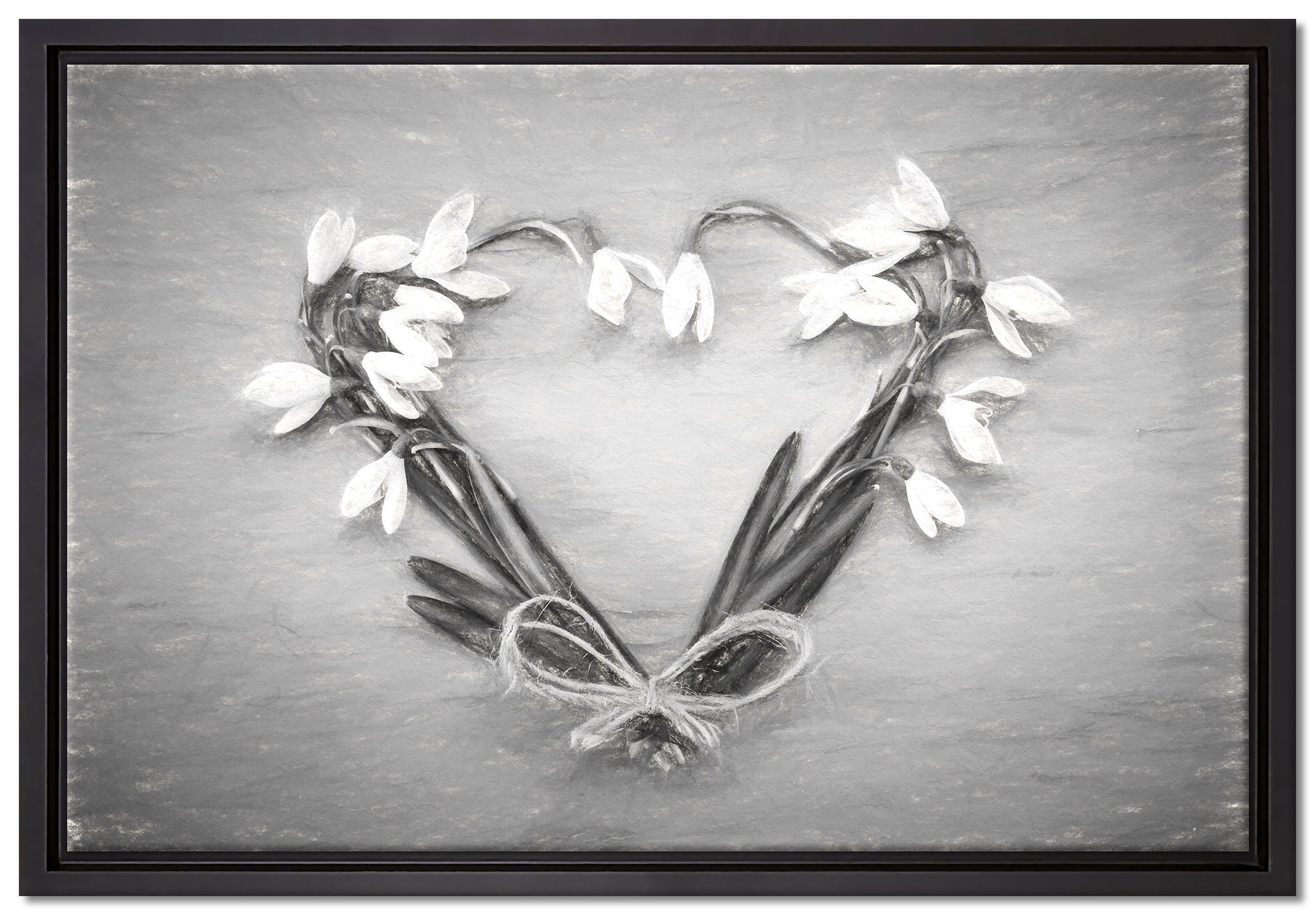 Blumen St), gefasst, Pixxprint inkl. Schattenfugen-Bilderrahmen (1 Kunst, in bespannt, fertig Zackenaufhänger Leinwandbild einem Wanddekoration Leinwandbild Herz aus