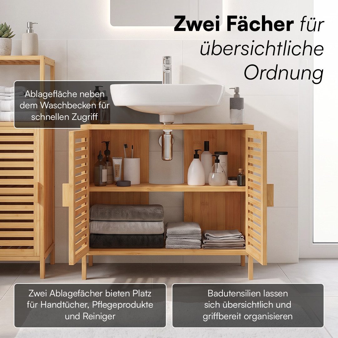 Bellamio Waschbeckenunterschrank Newa, Badezimmerschrank mit zwei Ablagefächern (Spar-Set, 2-St) aus natürlichem Bambus, robst und langlebig – Bild 4 von 5