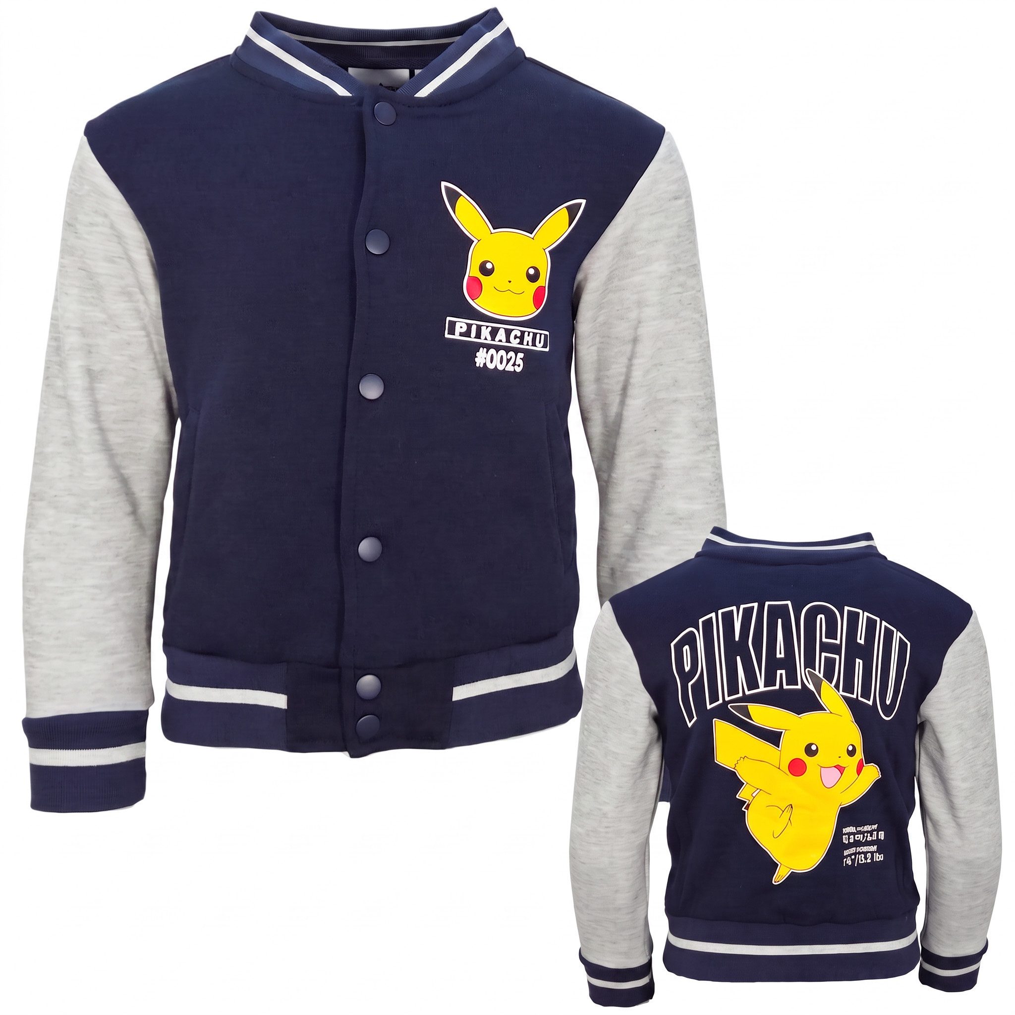 POKÉMON Collegejacke Pokémon Pikachu Kinder Baseballjacke Jungen Jacke mit Druckknöpfen Gr. 98 bis 128
