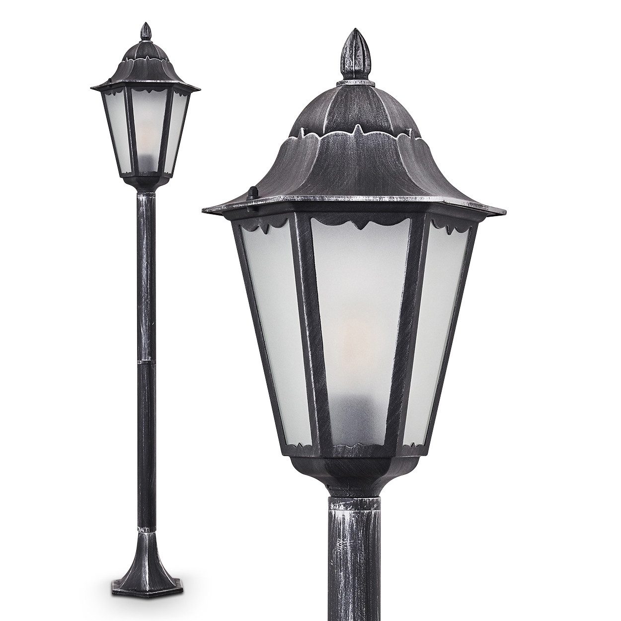 hofstein Außen-Stehlampe »Ganna« Außenleuchte Frost, Kandelaber in antikem Look, ohne Leuchtmittel, Aluguss Schwarz/Silber Milchglas-Scheiben, verstellbar, E27, IP44
