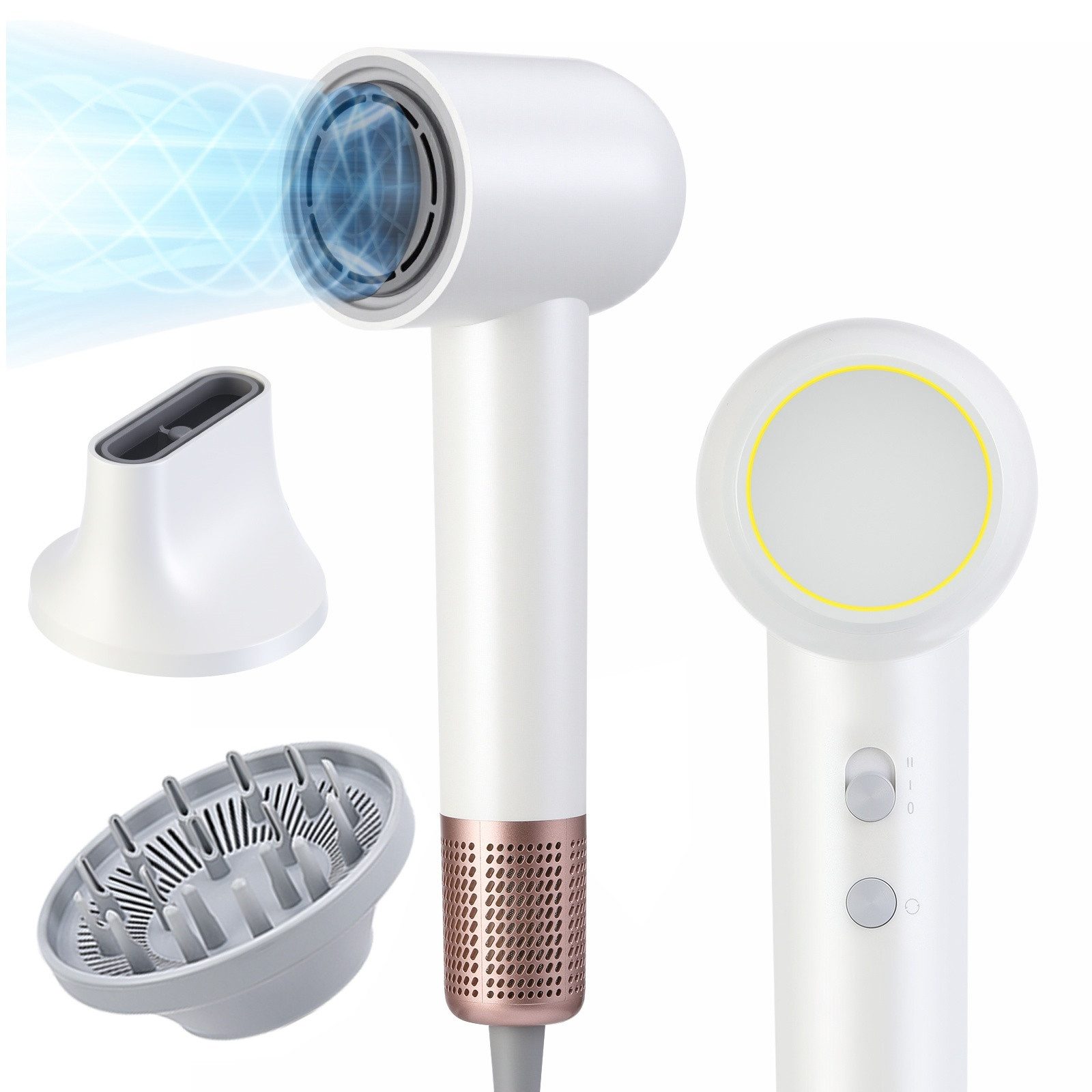 WILGOON Haartrockner Haartrockner, High-Speed Hair Dryer Salon-Haartrockner, 1500 W, 500 Mio. negative Ionen leiser Betrieb (65dB) Schnelles Trocknen 60m/s, mit 2 Stylingdüsen, 4 Temperatureinstellungen und Heiß-/Kalt-Taste