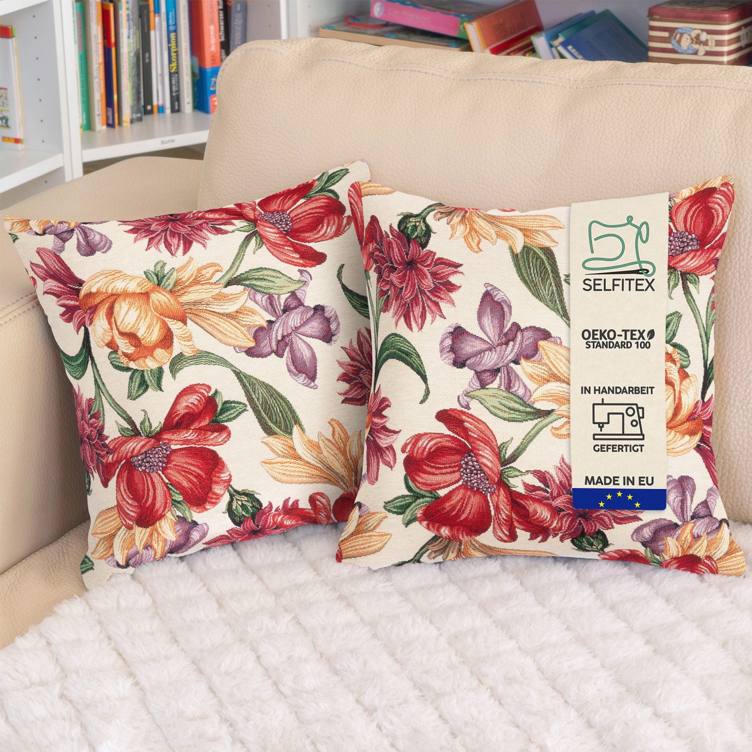 Selfitex Dekokissen mit buntem Muster im 2er Set, 30x50/40x40/50x50 inkl. Füllkissen, hochwertig gewebter Gobelin Kissenbezug mit weichem Füllkissen