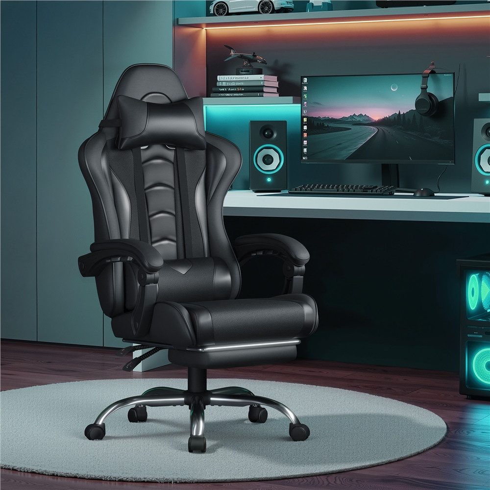 Yaheetech Gaming-Stuhl mit Massagefunktion & Kopfstütze & Fußstütze Ergonomischer PC-Stuhl, Drehstuhl Computerstuhl Verstellbare Rückenlehne