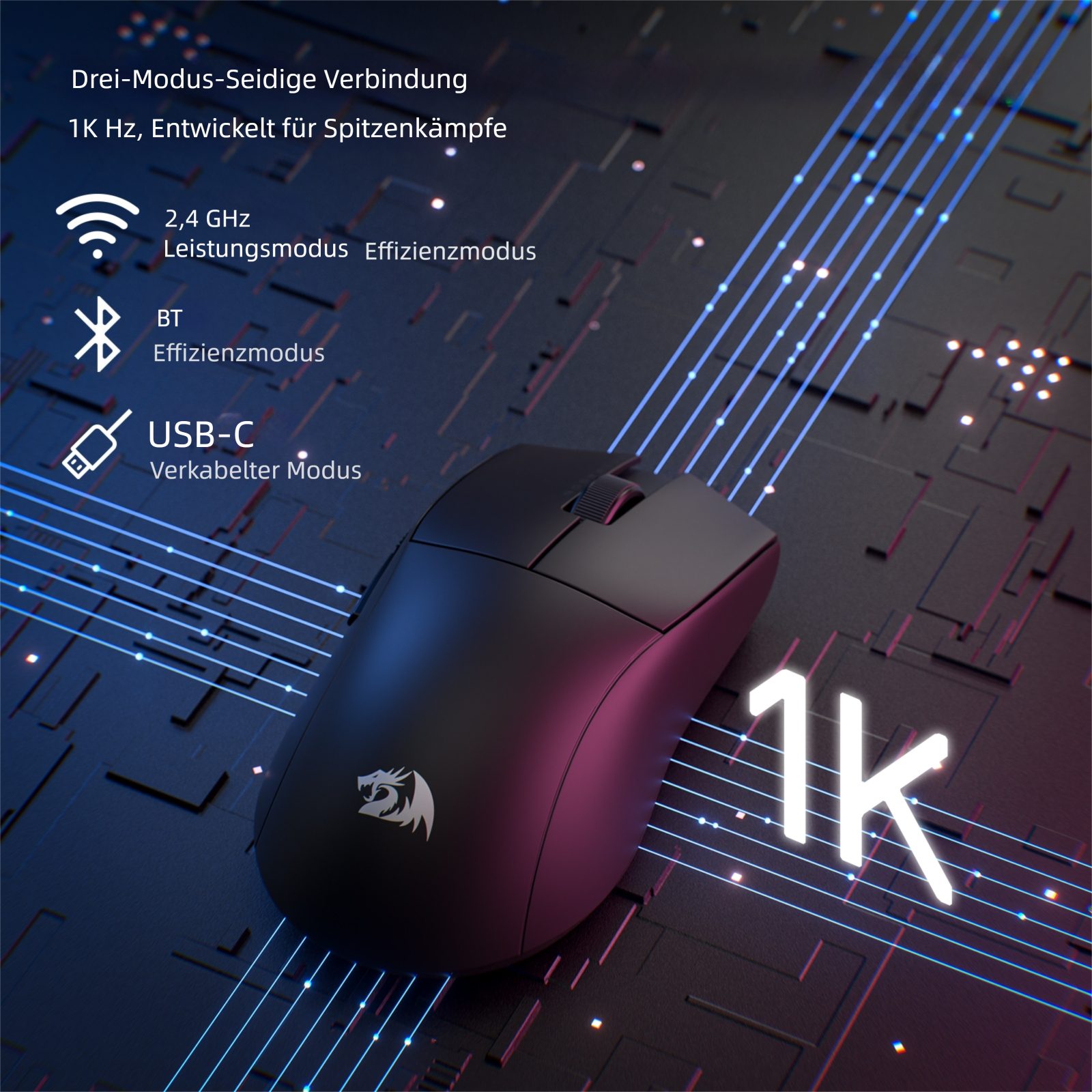Redragon 2.4GHz/BT/Wired, Schwarz,0.2KG Gaming-Maus (Tri-Mode-Verbindung mit Bluetooth, 2,4 GHz und USB-C, Bis zu 26.000 DPI mit 5 Stufen)