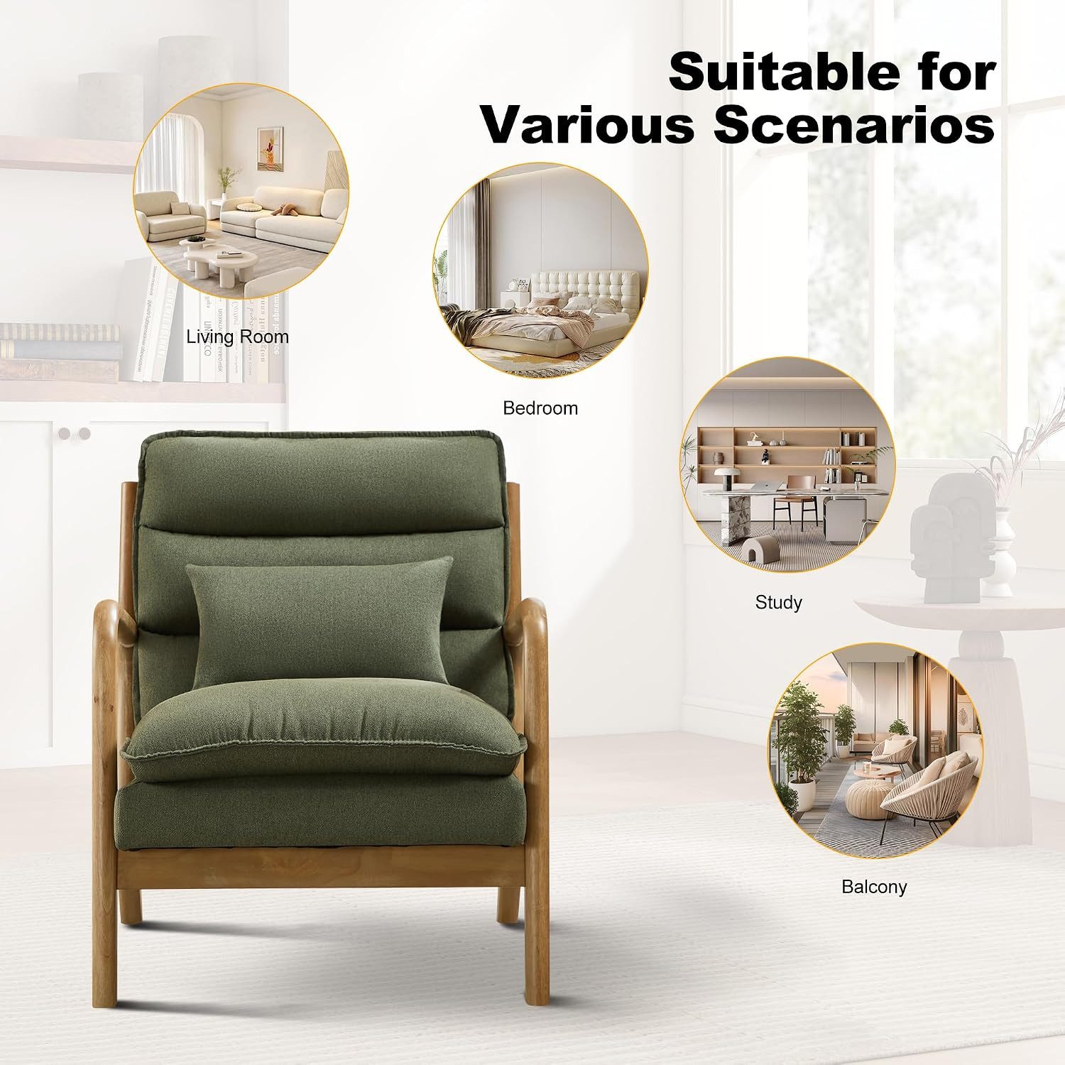 CANMOV Relaxsessel Sessel mit Kissen, Loungesessel mit hoher Rückenlehne, Einzelsessel (1-St), Natürliches Holz, Liegestuhl mit Armlehne und Kissen, für Wohnzim – Bild 5 von 5